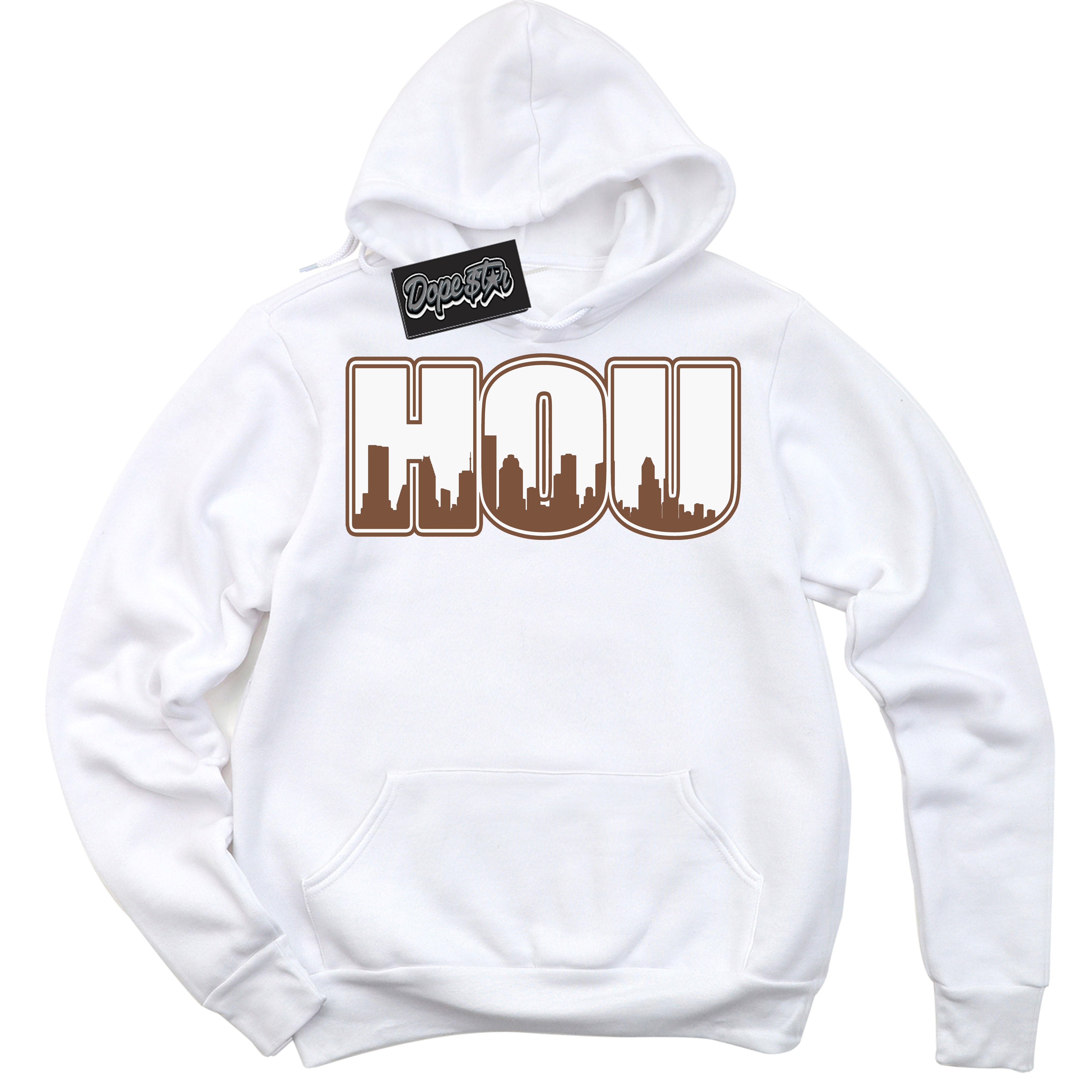 AJ1 Low Archaeo Brown White 'Houston' Hoodie- White Streetwear Mockup | Sneakerhead Hoodie Matching Archaeo Brown White AJ1 Lows | Limited Edition Jordan 1 Low Archaeo Brown White hoodie for Men & Women | Drip with Your Archaeo Brown White 1s Kicks | Sneakerhead Fashion Must-Have.