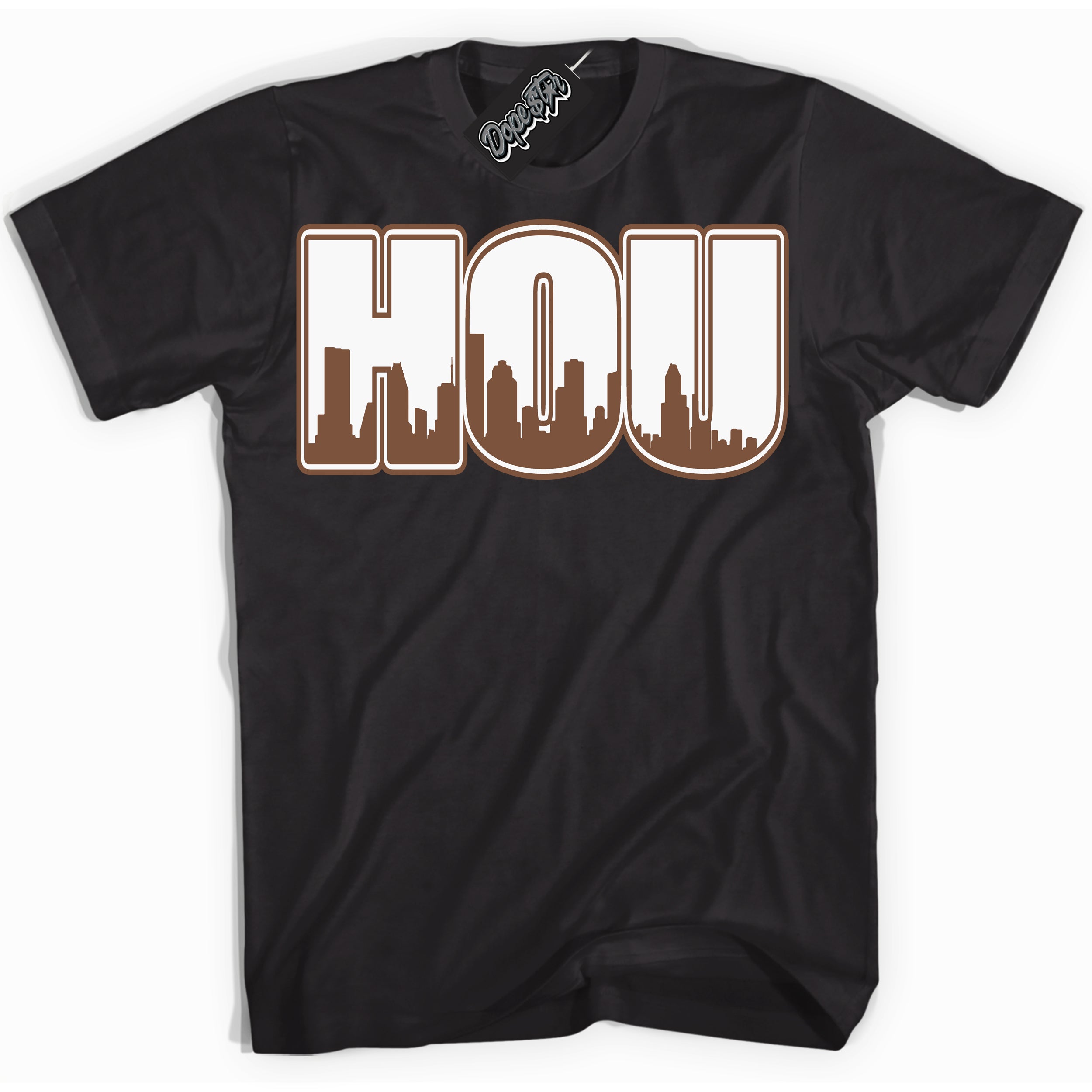 AJ1 Low Archaeo Brown White 'Houston' Shirt - Black Streetwear Mockup | Sneakerhead T-shirt Matching Archaeo Brown White AJ1 Lows| Limited Edition Jordan 1 Low Archaeo Brown White Shirt for Men & Women | Drip with Your Archaeo Brown White 1s Kicks | Sneakerhead Fashion Must-Have.