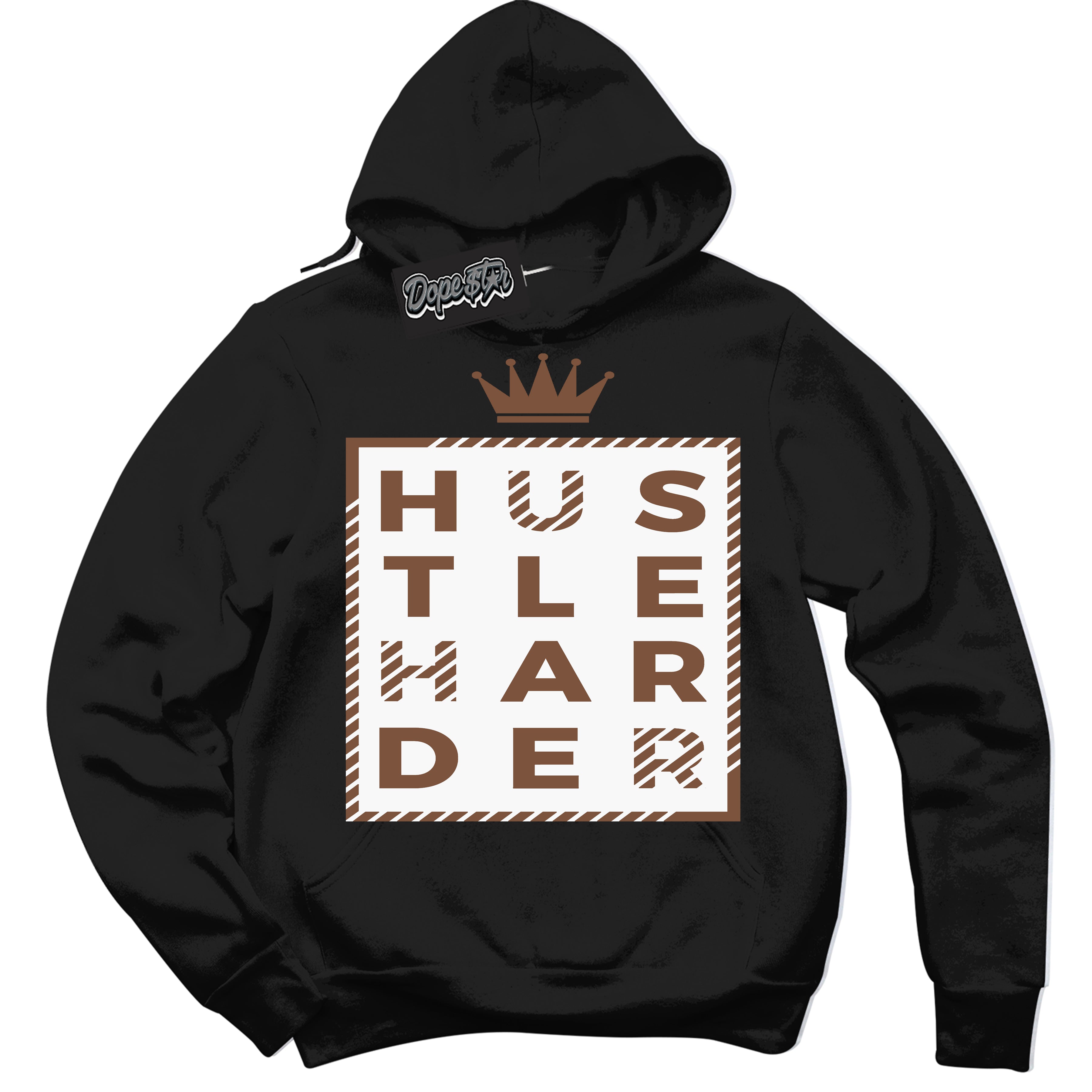 AJ1 Low Archaeo Brown White 'Hustle Harder' Hoodie- Black Streetwear Mockup | Sneakerhead Hoodie Matching Archaeo Brown White AJ1 Lows | Limited Edition Jordan 1 Low Archaeo Brown White hoodie for Men & Women | Drip with Your Archaeo Brown White 1s Kicks | Sneakerhead Fashion Must-Have.