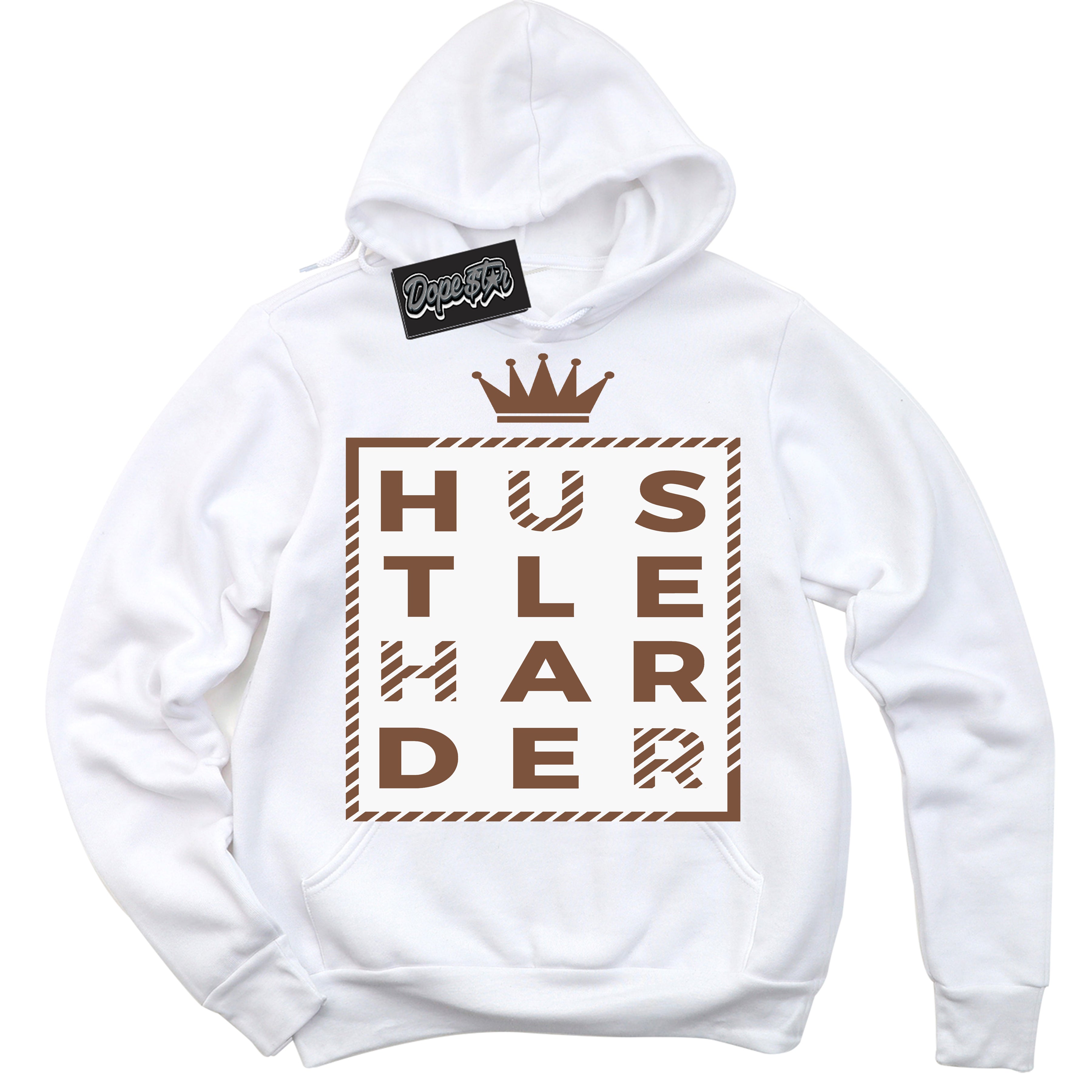 AJ1 Low Archaeo Brown White 'Hustle Harder' Hoodie- White Streetwear Mockup | Sneakerhead Hoodie Matching Archaeo Brown White AJ1 Lows | Limited Edition Jordan 1 Low Archaeo Brown White hoodie for Men & Women | Drip with Your Archaeo Brown White 1s Kicks | Sneakerhead Fashion Must-Have.