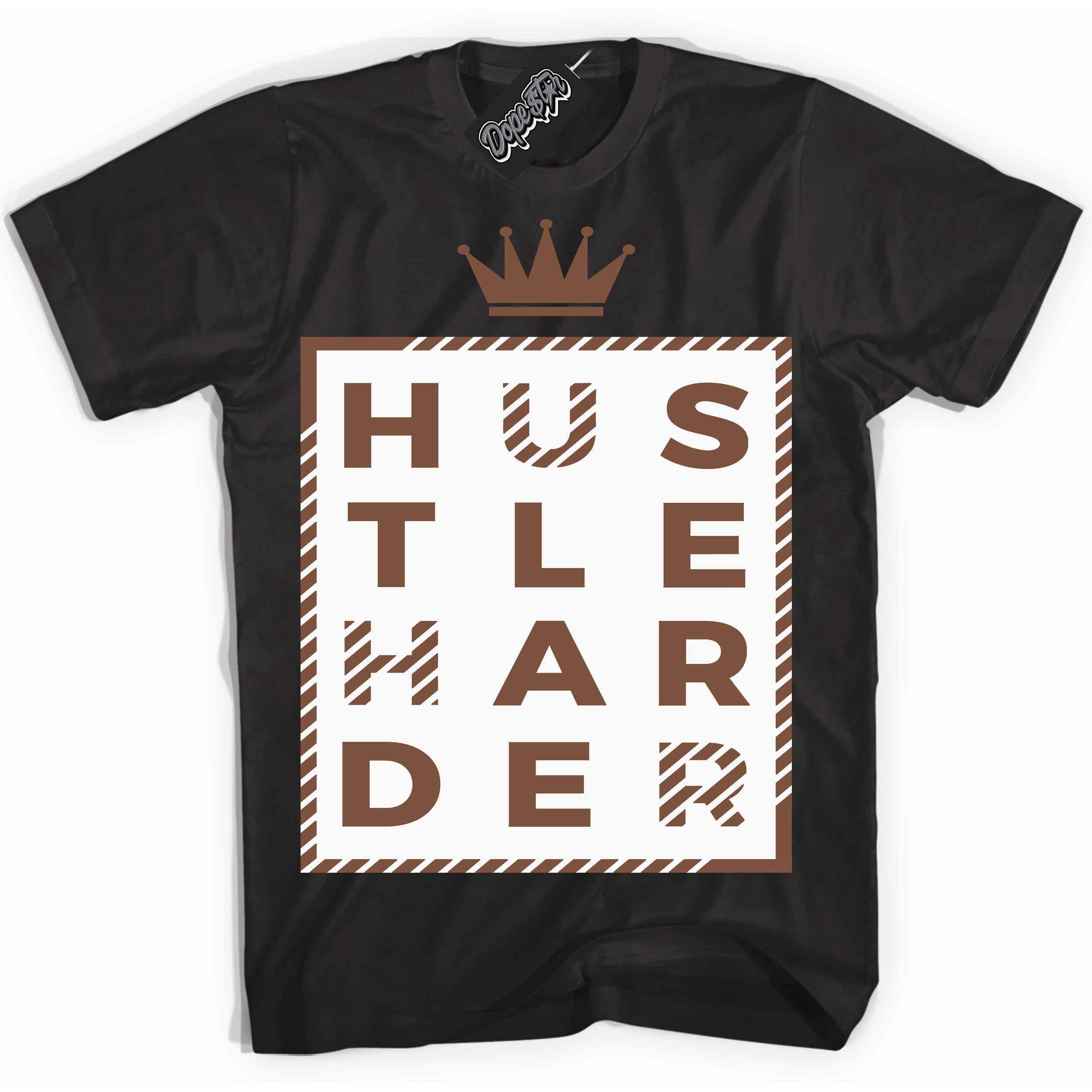 AJ1 Low Archaeo Brown White 'Hustle Harder' Shirt - Black Streetwear Mockup | Sneakerhead T-shirt Matching Archaeo Brown White AJ1 Lows| Limited Edition Jordan 1 Low Archaeo Brown White Shirt for Men & Women | Drip with Your Archaeo Brown White 1s Kicks | Sneakerhead Fashion Must-Have.