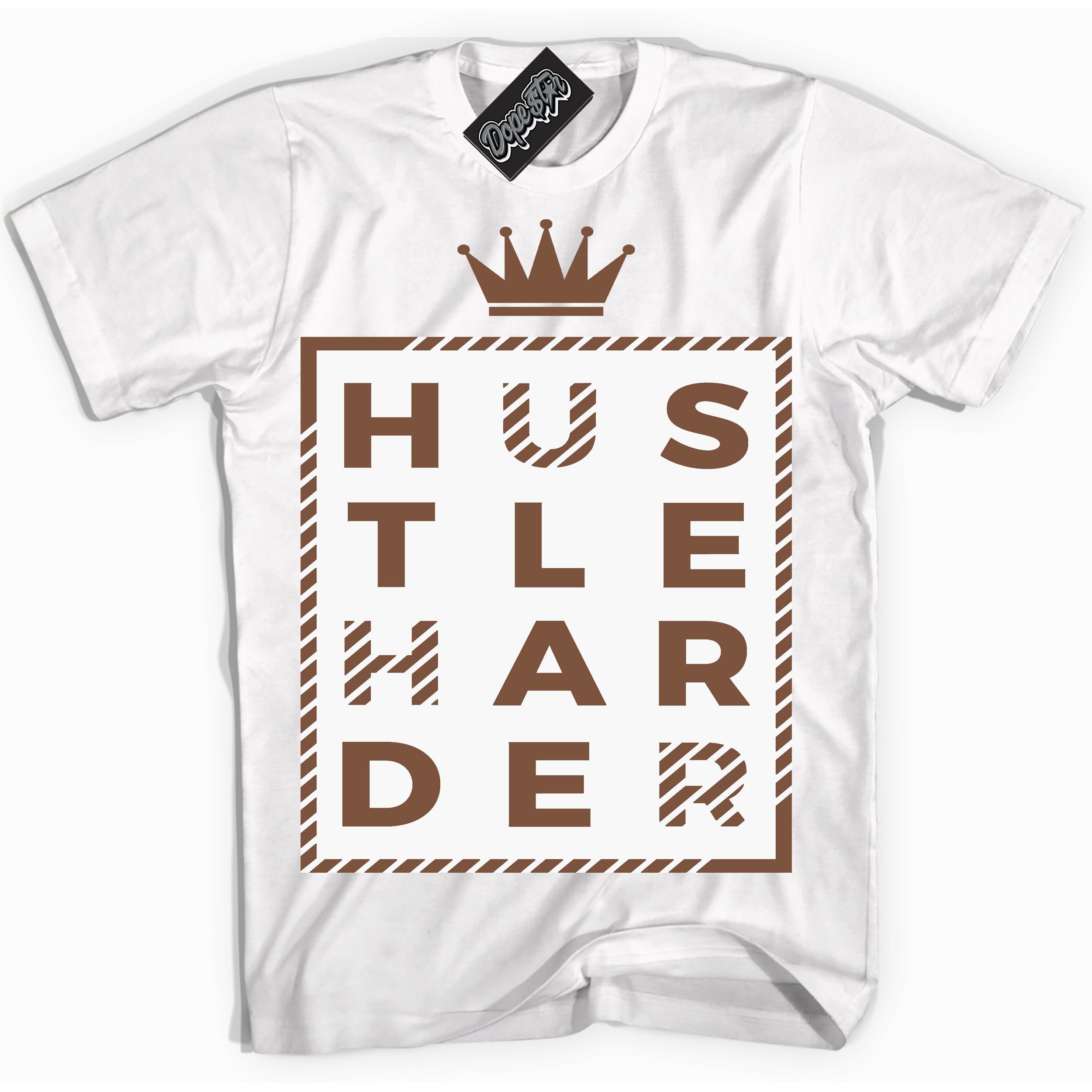 AJ1 Low Archaeo Brown White 'Hustle Harder' Shirt - White Streetwear Mockup | Sneakerhead T-shirt Matching Archaeo Brown White AJ1 Lows | Limited Edition Jordan 1 Low Archaeo Brown White Shirt for Men & Women | Drip with Your Archaeo Brown White 1s Kicks | Sneakerhead Fashion Must-Have.