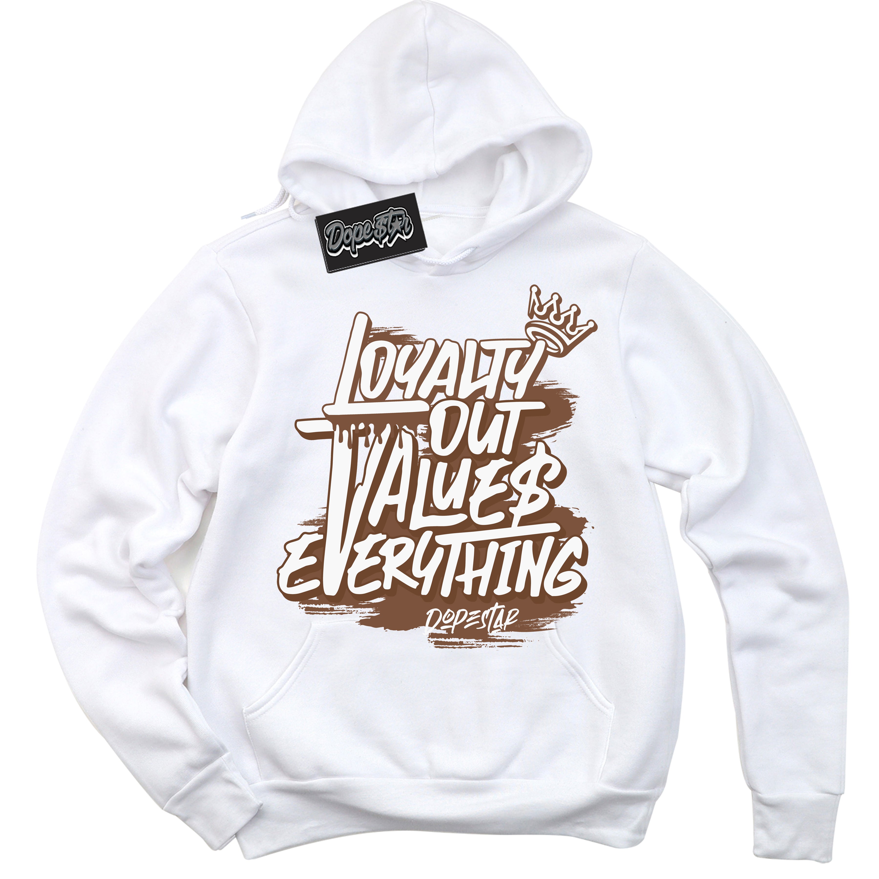 AJ1 Low Archaeo Brown White 'Loyalty Out Values Everything' Hoodie- White Streetwear Mockup | Sneakerhead Hoodie Matching Archaeo Brown White AJ1 Lows | Limited Edition Jordan 1 Low Archaeo Brown White hoodie for Men & Women | Drip with Your Archaeo Brown White 1s Kicks | Sneakerhead Fashion Must-Have.