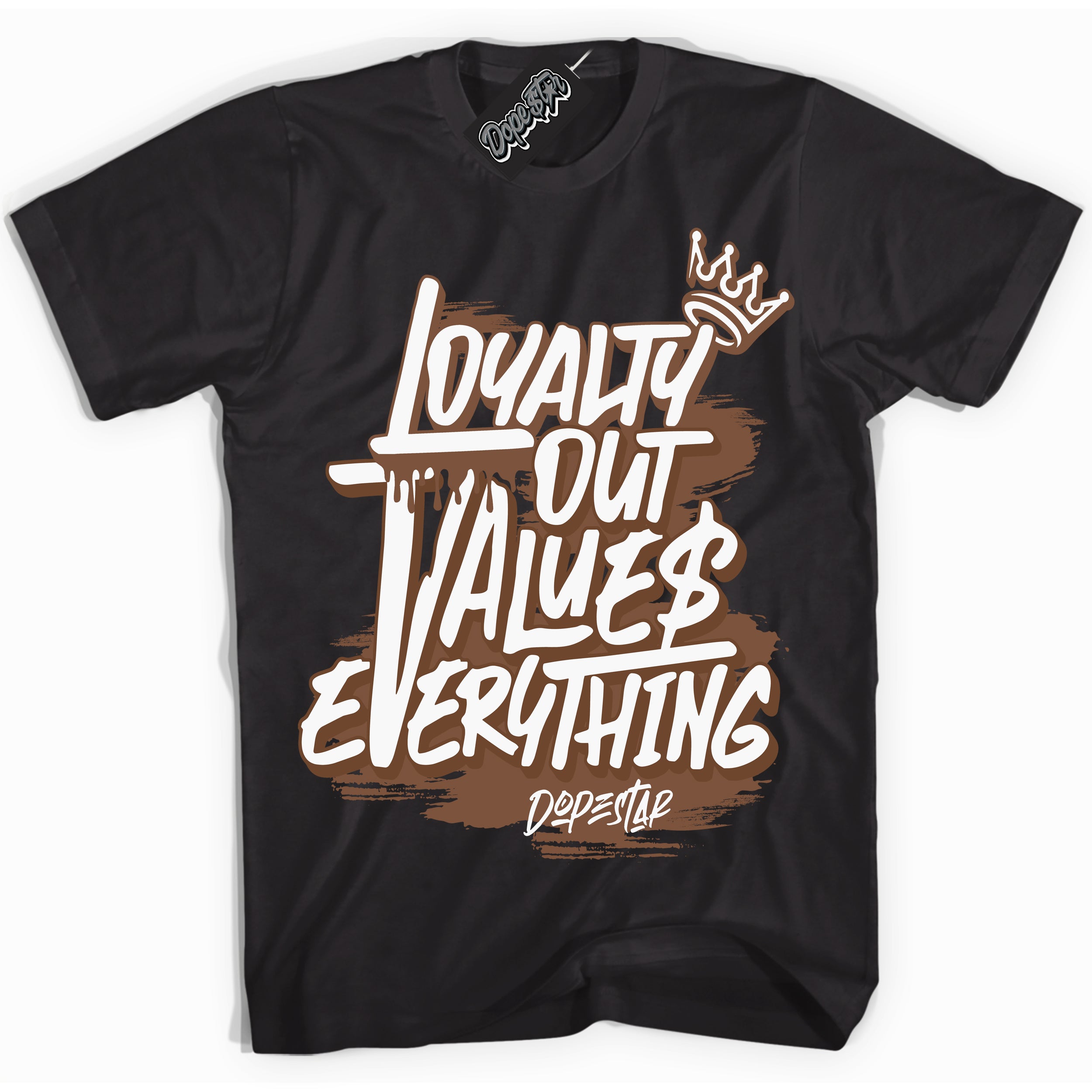 AJ1 Low Archaeo Brown White 'Loyalty Out Values Everything' Shirt - Black Streetwear Mockup | Sneakerhead T-shirt Matching Archaeo Brown White AJ1 Lows| Limited Edition Jordan 1 Low Archaeo Brown White Shirt for Men & Women | Drip with Your Archaeo Brown White 1s Kicks | Sneakerhead Fashion Must-Have.