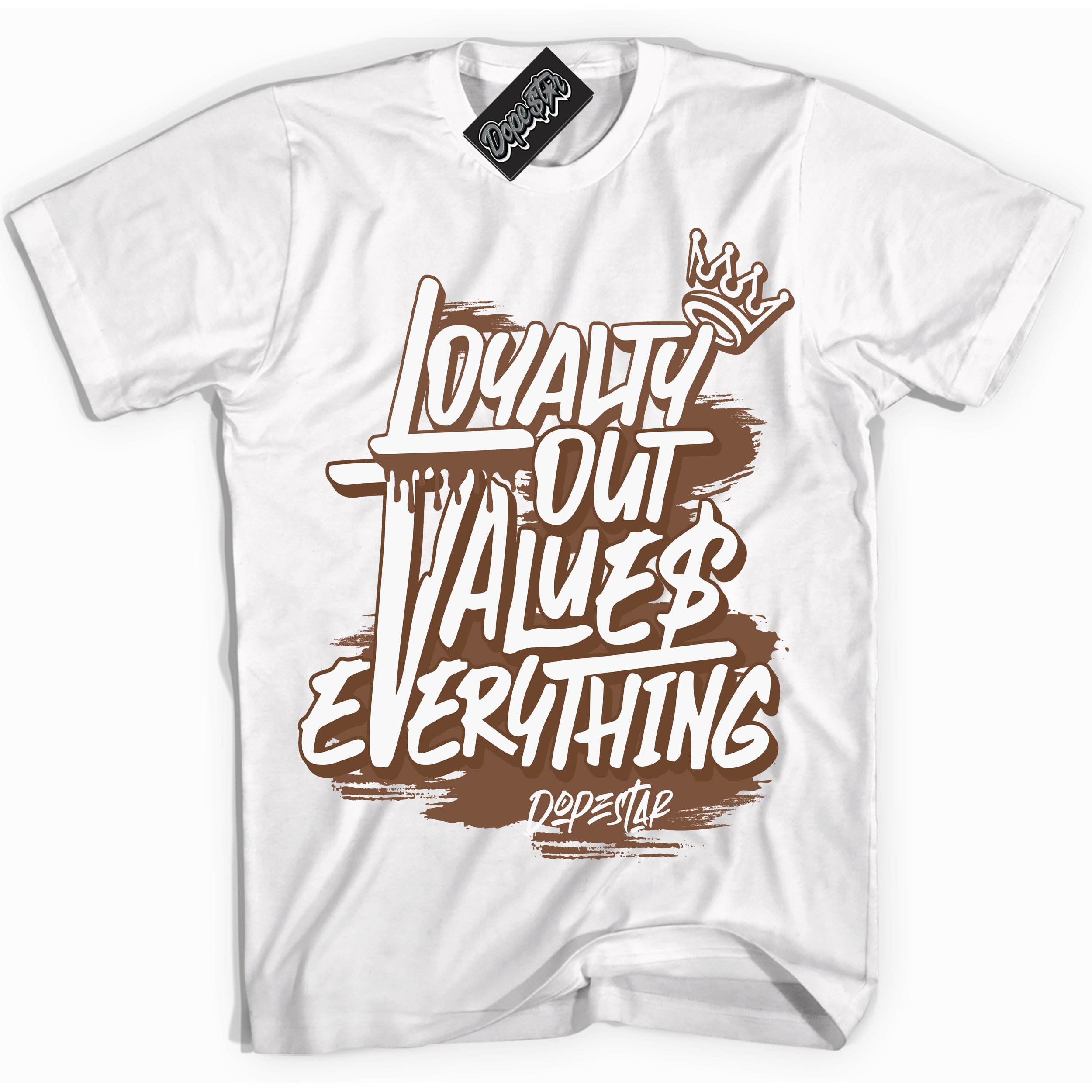 AJ1 Low Archaeo Brown White 'Loyalty Out Values Everything' Shirt - White Streetwear Mockup | Sneakerhead T-shirt Matching Archaeo Brown White AJ1 Lows | Limited Edition Jordan 1 Low Archaeo Brown White Shirt for Men & Women | Drip with Your Archaeo Brown White 1s Kicks | Sneakerhead Fashion Must-Have.