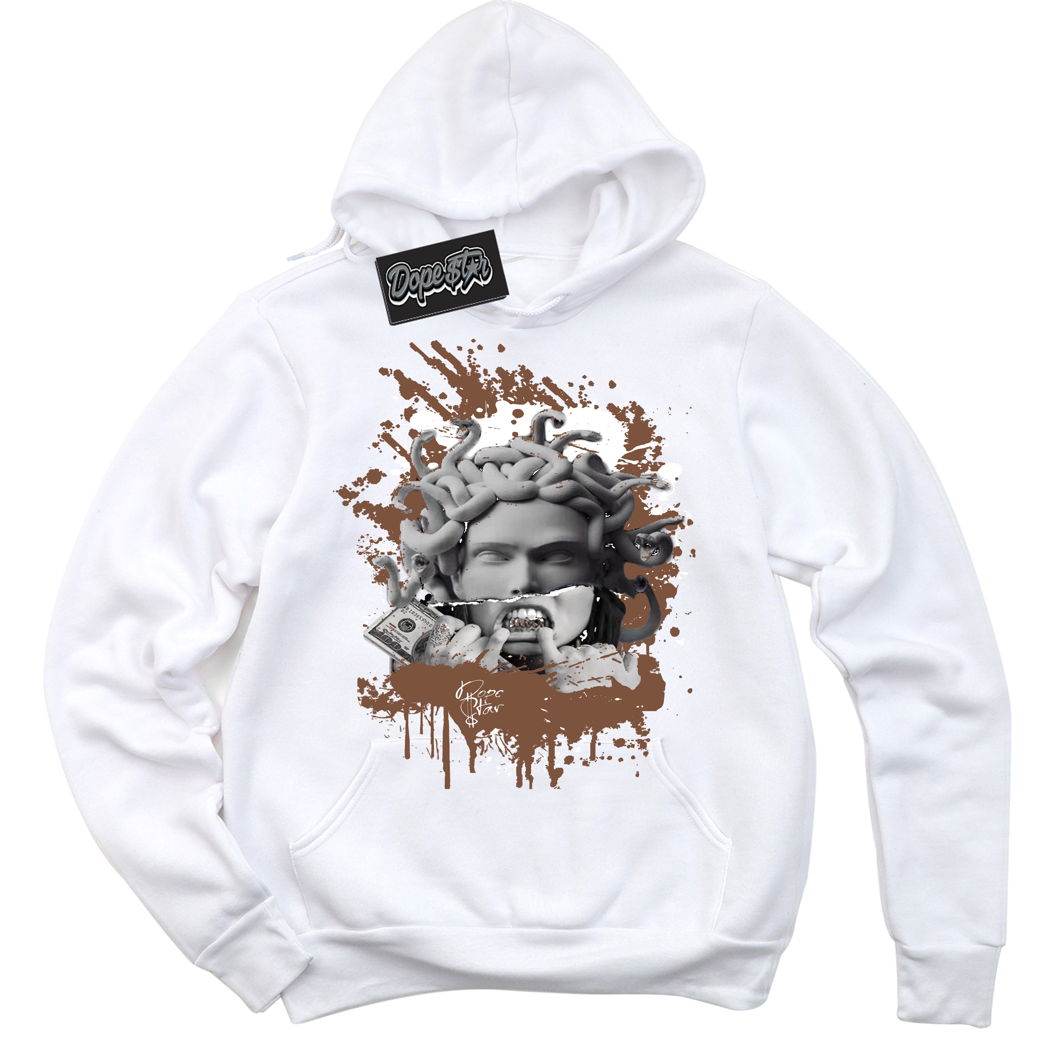 AJ1 Low Archaeo Brown White 'Medusa' Hoodie- White Streetwear Mockup | Sneakerhead Hoodie Matching Archaeo Brown White AJ1 Lows | Limited Edition Jordan 1 Low Archaeo Brown White hoodie for Men & Women | Drip with Your Archaeo Brown White 1s Kicks | Sneakerhead Fashion Must-Have.