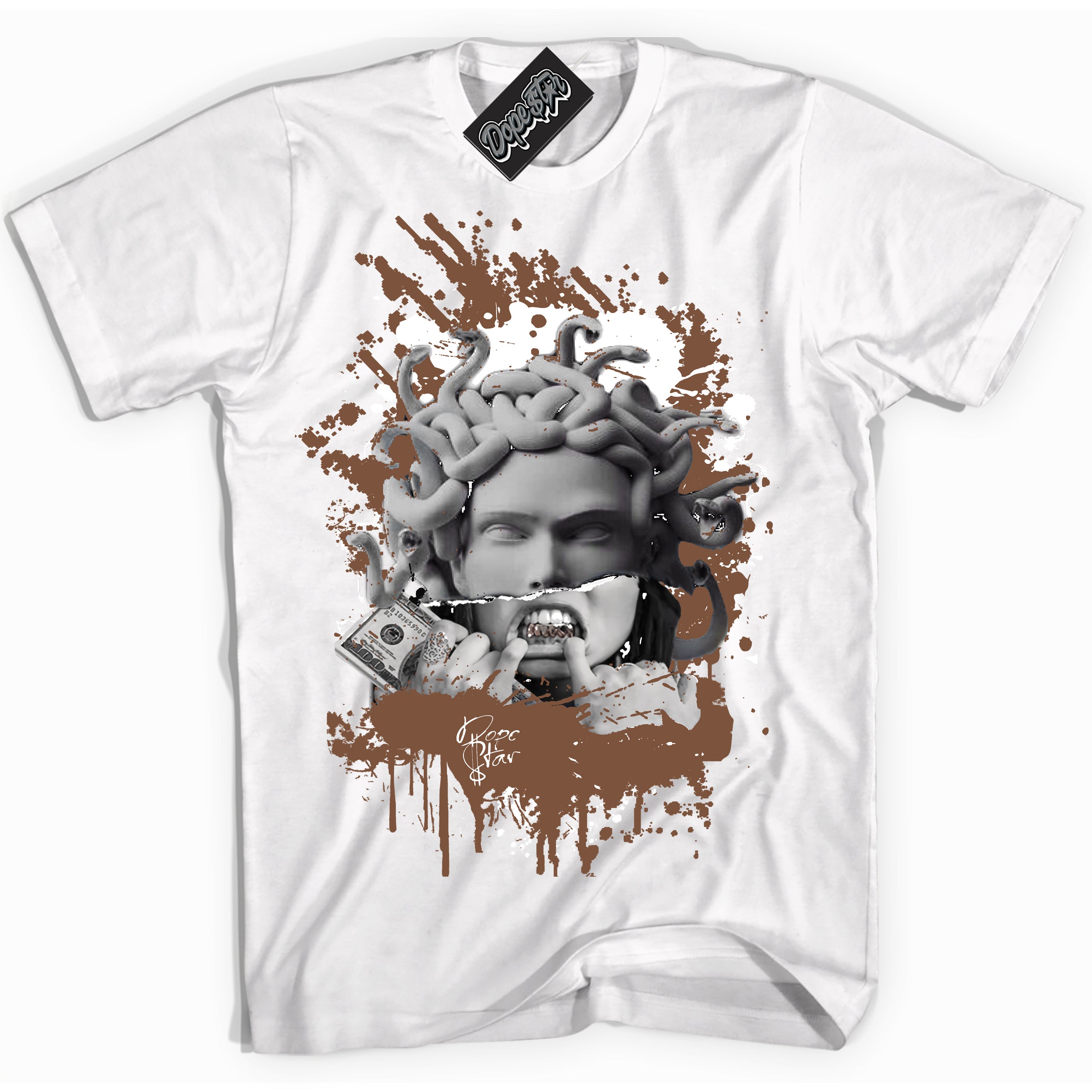 AJ1 Low Archaeo Brown White 'Medusa' Shirt - White Streetwear Mockup | Sneakerhead T-shirt Matching Archaeo Brown White AJ1 Lows | Limited Edition Jordan 1 Low Archaeo Brown White Shirt for Men & Women | Drip with Your Archaeo Brown White 1s Kicks | Sneakerhead Fashion Must-Have.