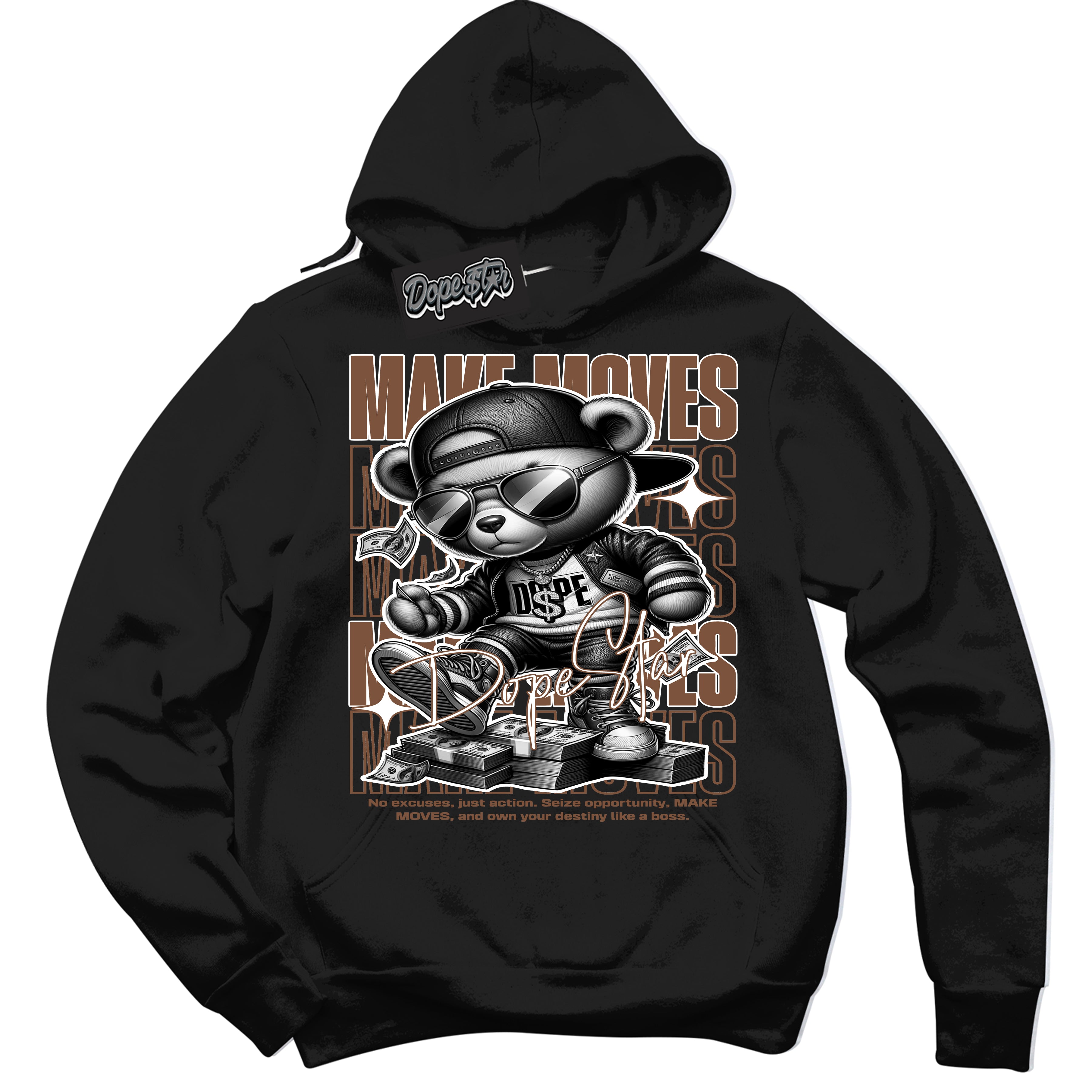 AJ1 Low Archaeo Brown White 'Make Moves' Hoodie- Black Streetwear Mockup | Sneakerhead Hoodie Matching Archaeo Brown White AJ1 Lows | Limited Edition Jordan 1 Low Archaeo Brown White hoodie for Men & Women | Drip with Your Archaeo Brown White 1s Kicks | Sneakerhead Fashion Must-Have.