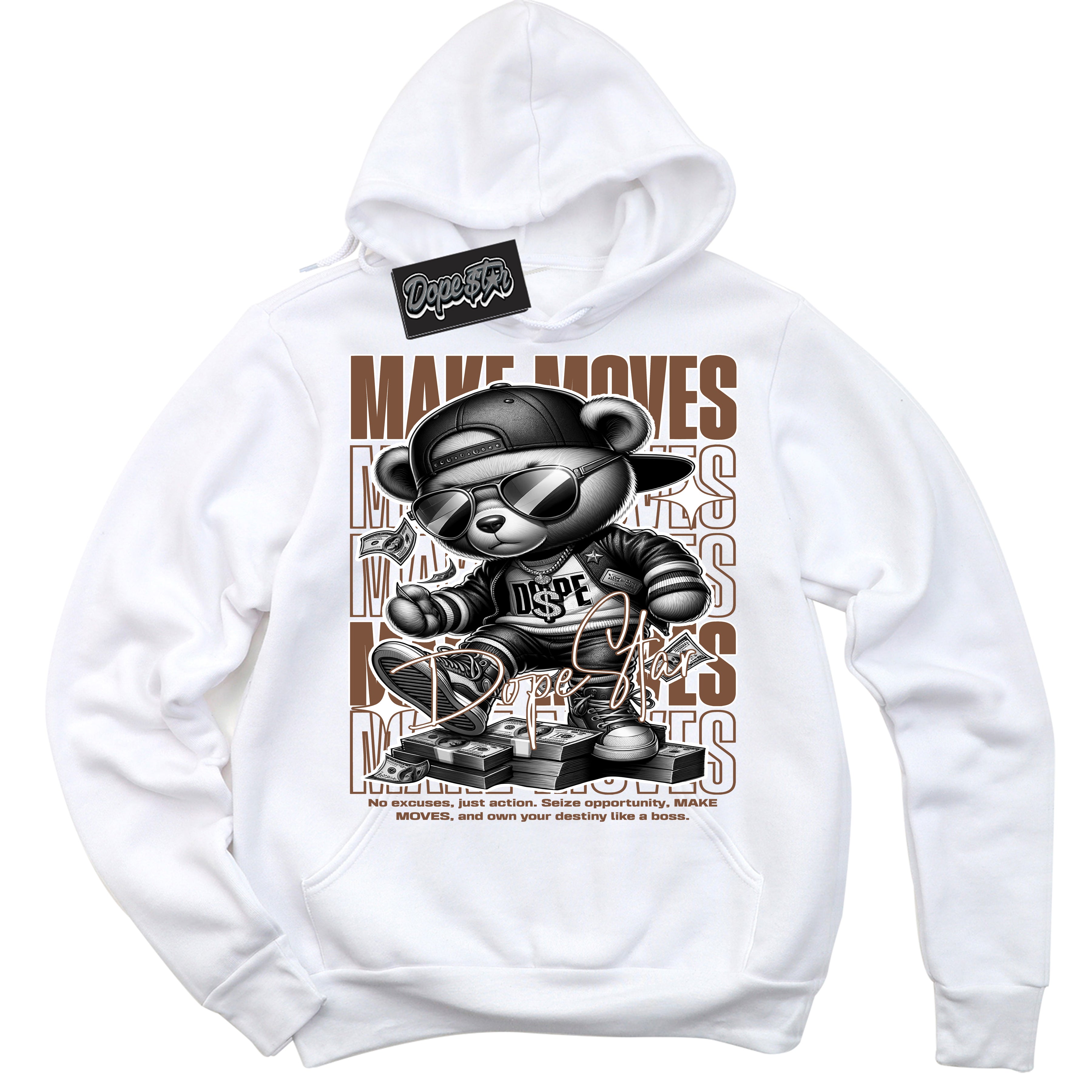 AJ1 Low Archaeo Brown White 'Make Moves' Hoodie- White Streetwear Mockup | Sneakerhead Hoodie Matching Archaeo Brown White AJ1 Lows | Limited Edition Jordan 1 Low Archaeo Brown White hoodie for Men & Women | Drip with Your Archaeo Brown White 1s Kicks | Sneakerhead Fashion Must-Have.