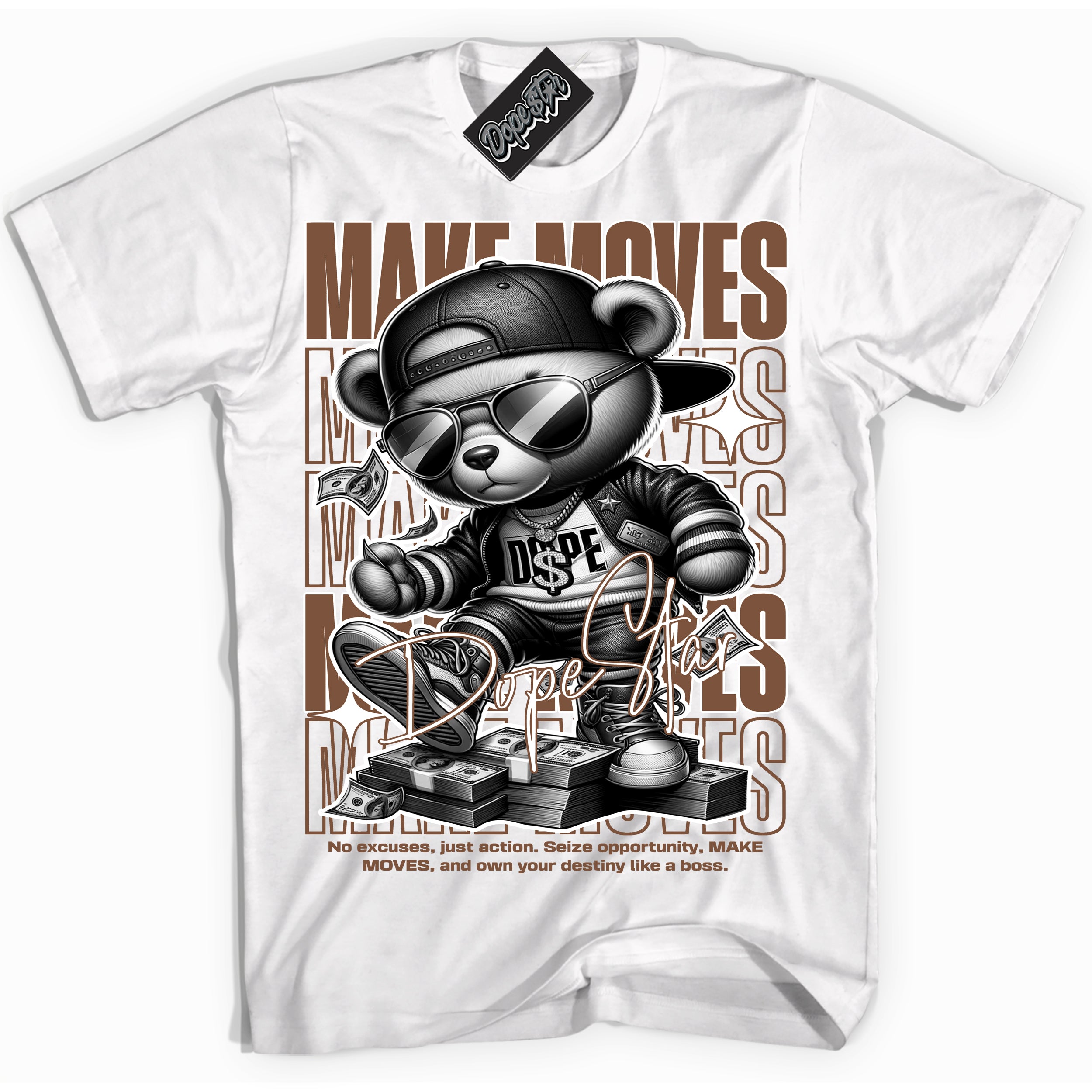 AJ1 Low Archaeo Brown White 'Make Moves' Shirt - White Streetwear Mockup | Sneakerhead T-shirt Matching Archaeo Brown White AJ1 Lows | Limited Edition Jordan 1 Low Archaeo Brown White Shirt for Men & Women | Drip with Your Archaeo Brown White 1s Kicks | Sneakerhead Fashion Must-Have.