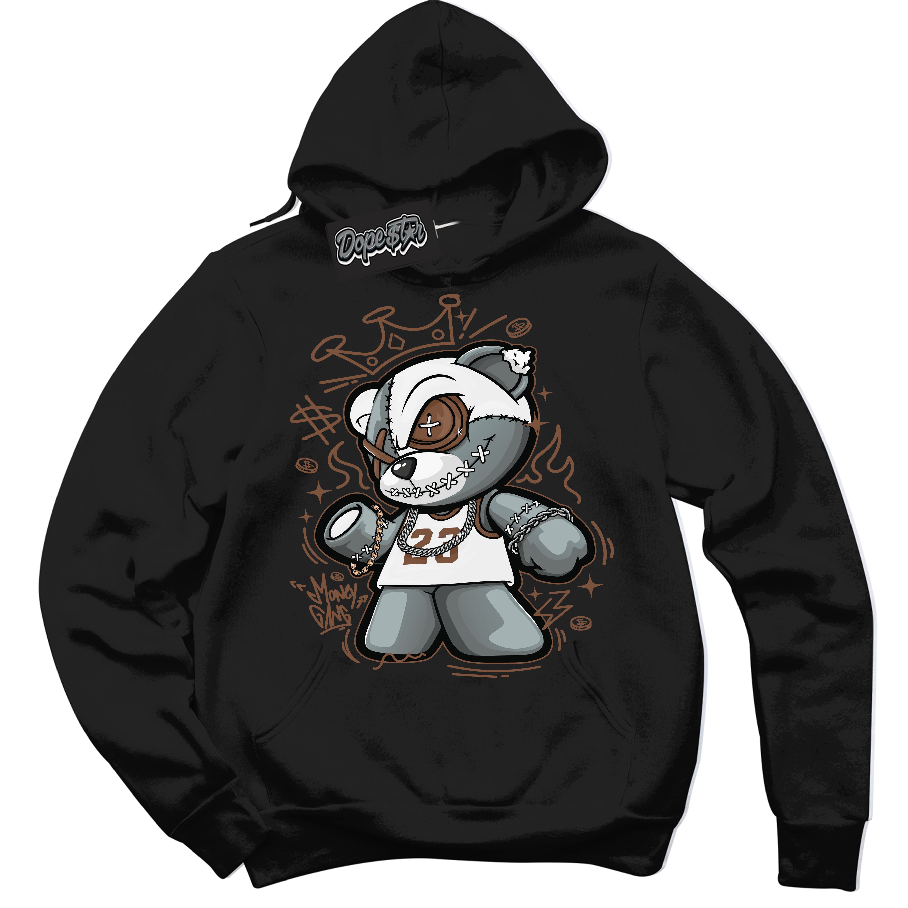 AJ1 Low Archaeo Brown White 'Money Gang Bear' Hoodie- Black Streetwear Mockup | Sneakerhead Hoodie Matching Archaeo Brown White AJ1 Lows | Limited Edition Jordan 1 Low Archaeo Brown White hoodie for Men & Women | Drip with Your Archaeo Brown White 1s Kicks | Sneakerhead Fashion Must-Have.