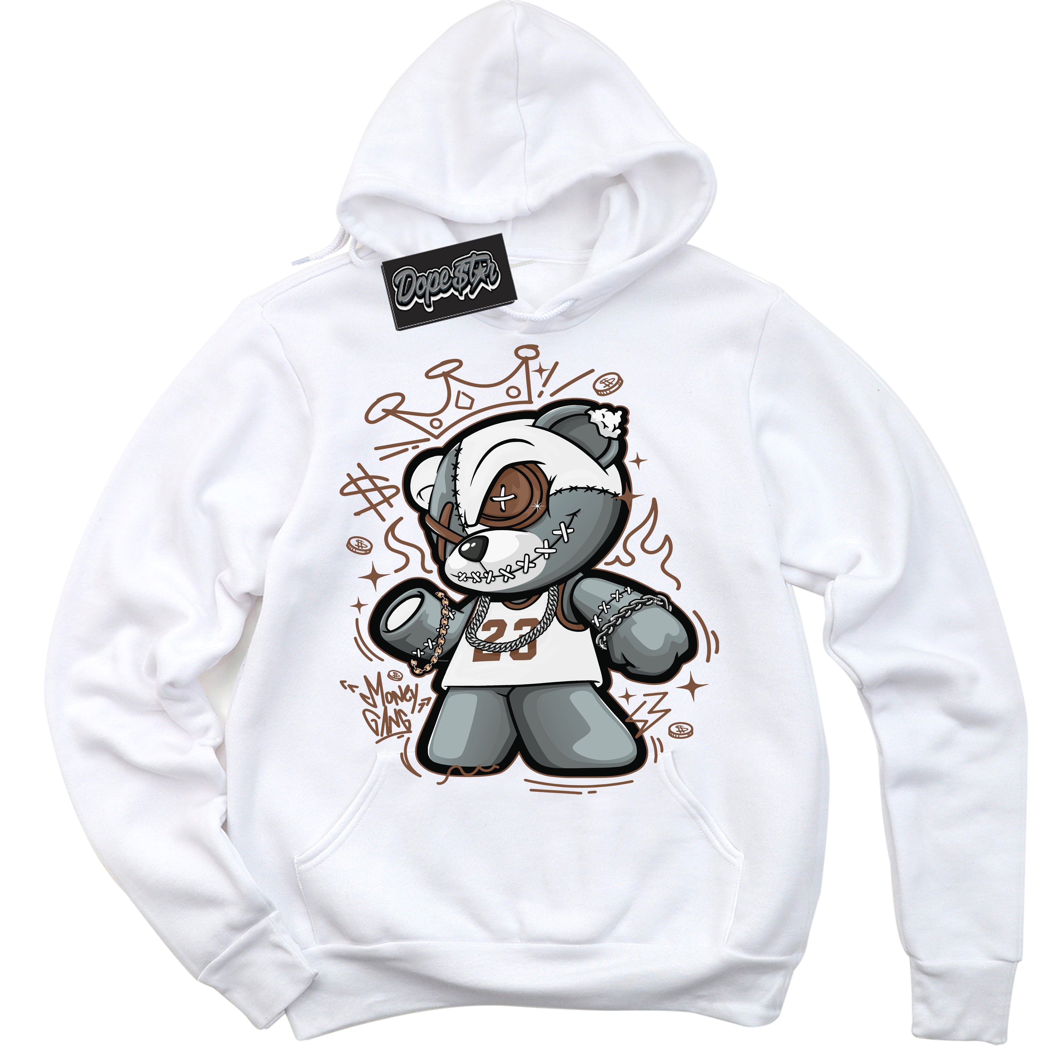 AJ1 Low Archaeo Brown White 'Money Gang Bear' Hoodie- White Streetwear Mockup | Sneakerhead Hoodie Matching Archaeo Brown White AJ1 Lows | Limited Edition Jordan 1 Low Archaeo Brown White hoodie for Men & Women | Drip with Your Archaeo Brown White 1s Kicks | Sneakerhead Fashion Must-Have.