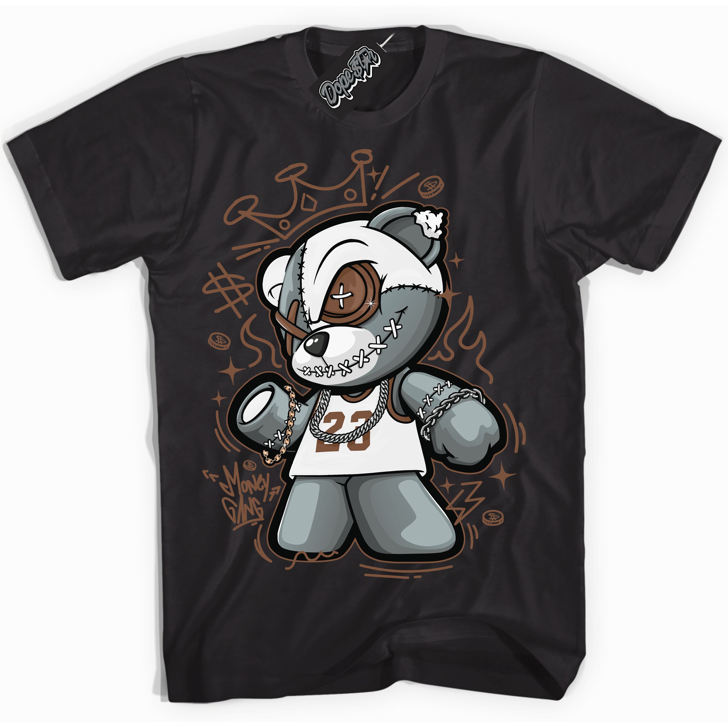 AJ1 Low Archaeo Brown White 'Money Gang Bear' Shirt - Black Streetwear Mockup | Sneakerhead T-shirt Matching Archaeo Brown White AJ1 Lows| Limited Edition Jordan 1 Low Archaeo Brown White Shirt for Men & Women | Drip with Your Archaeo Brown White 1s Kicks | Sneakerhead Fashion Must-Have.