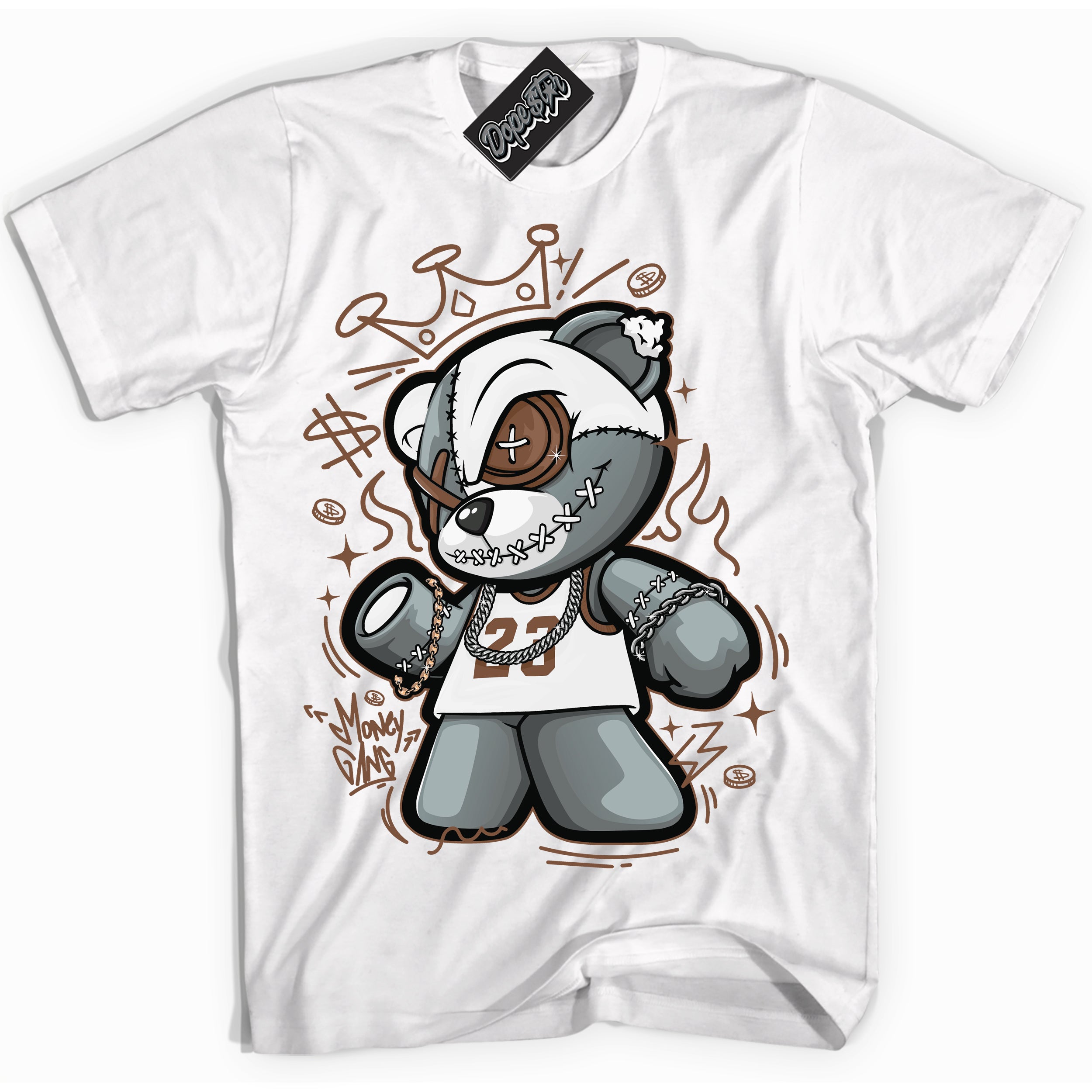 AJ1 Low Archaeo Brown White 'Money Gang Bear' Shirt - White Streetwear Mockup | Sneakerhead T-shirt Matching Archaeo Brown White AJ1 Lows | Limited Edition Jordan 1 Low Archaeo Brown White Shirt for Men & Women | Drip with Your Archaeo Brown White 1s Kicks | Sneakerhead Fashion Must-Have.