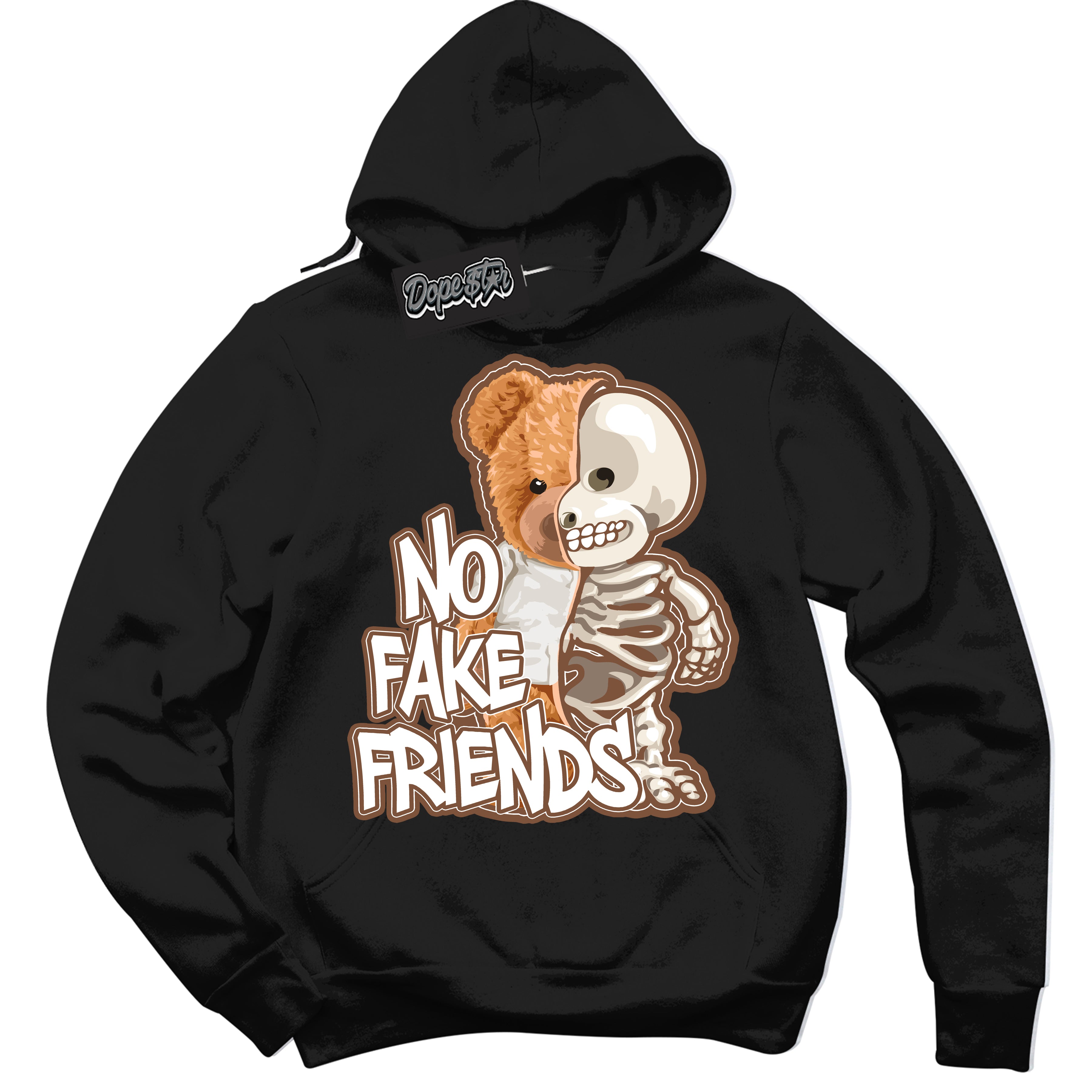 AJ1 Low Archaeo Brown White 'No Fake Friends' Hoodie- Black Streetwear Mockup | Sneakerhead Hoodie Matching Archaeo Brown White AJ1 Lows | Limited Edition Jordan 1 Low Archaeo Brown White hoodie for Men & Women | Drip with Your Archaeo Brown White 1s Kicks | Sneakerhead Fashion Must-Have.