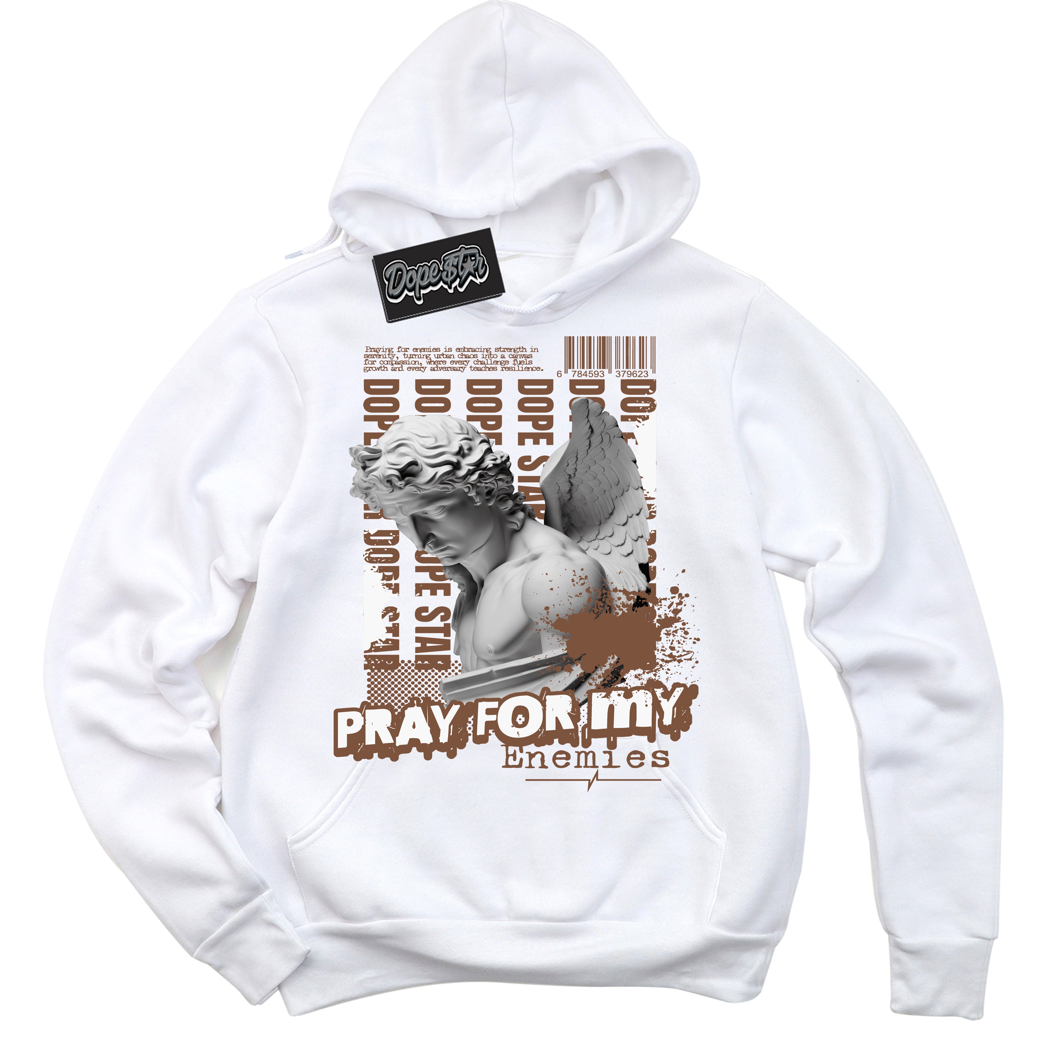 AJ1 Low Archaeo Brown White 'Pray Enemies' Hoodie- White Streetwear Mockup | Sneakerhead Hoodie Matching Archaeo Brown White AJ1 Lows | Limited Edition Jordan 1 Low Archaeo Brown White hoodie for Men & Women | Drip with Your Archaeo Brown White 1s Kicks | Sneakerhead Fashion Must-Have.