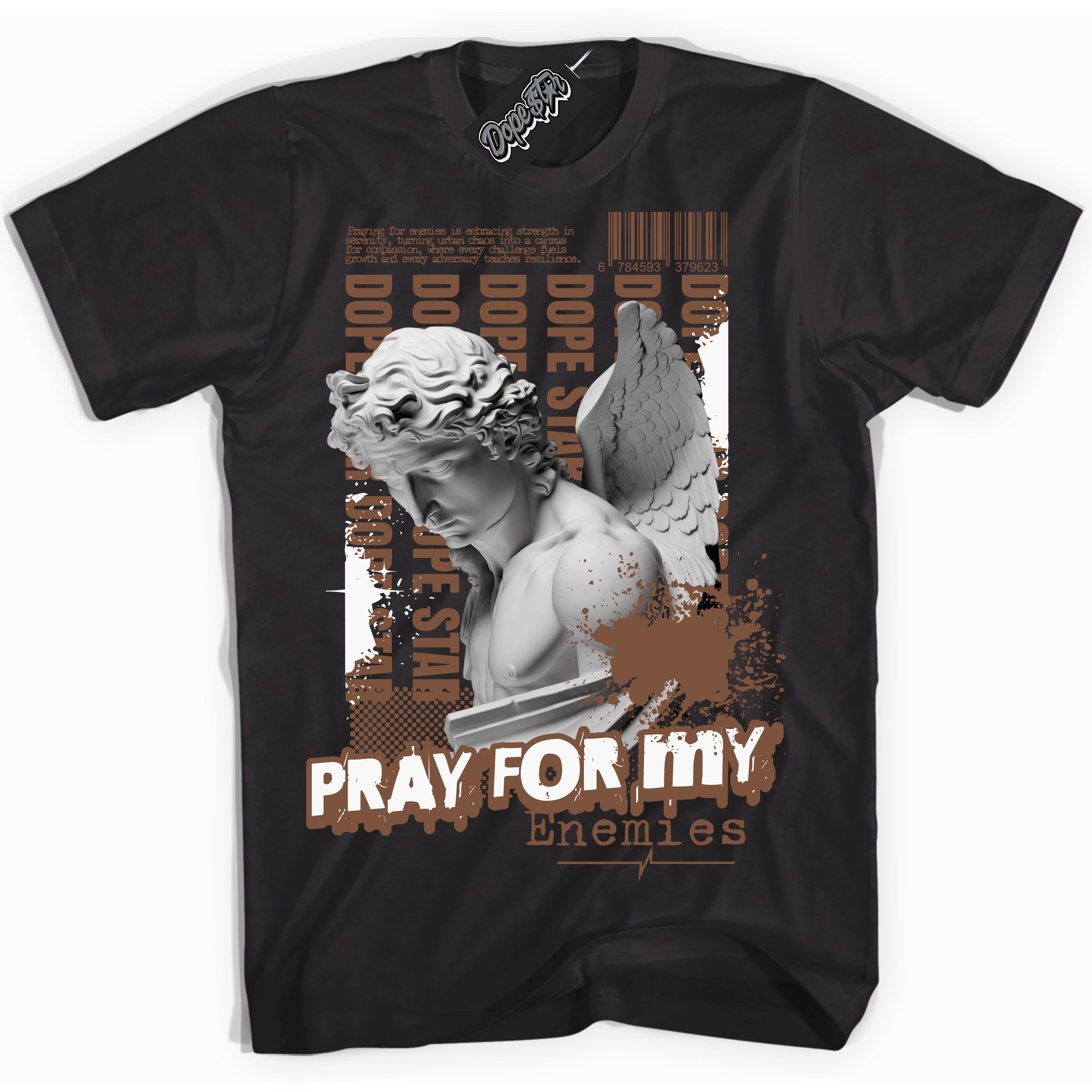 AJ1 Low Archaeo Brown White 'Pray Enemies' Shirt - Black Streetwear Mockup | Sneakerhead T-shirt Matching Archaeo Brown White AJ1 Lows| Limited Edition Jordan 1 Low Archaeo Brown White Shirt for Men & Women | Drip with Your Archaeo Brown White 1s Kicks | Sneakerhead Fashion Must-Have.