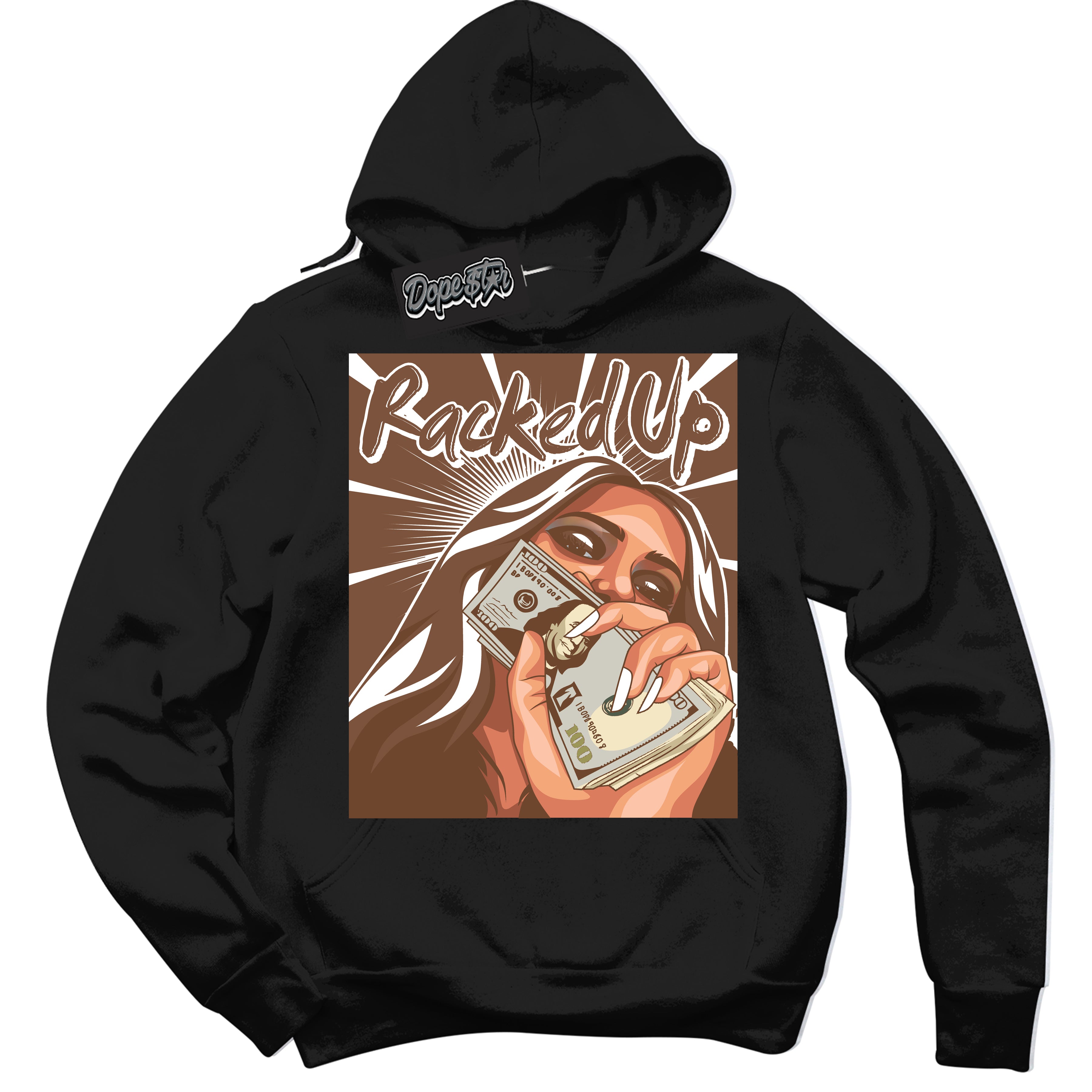 AJ1 Low Archaeo Brown White 'Racked Up' Hoodie- Black Streetwear Mockup | Sneakerhead Hoodie Matching Archaeo Brown White AJ1 Lows | Limited Edition Jordan 1 Low Archaeo Brown White hoodie for Men & Women | Drip with Your Archaeo Brown White 1s Kicks | Sneakerhead Fashion Must-Have.