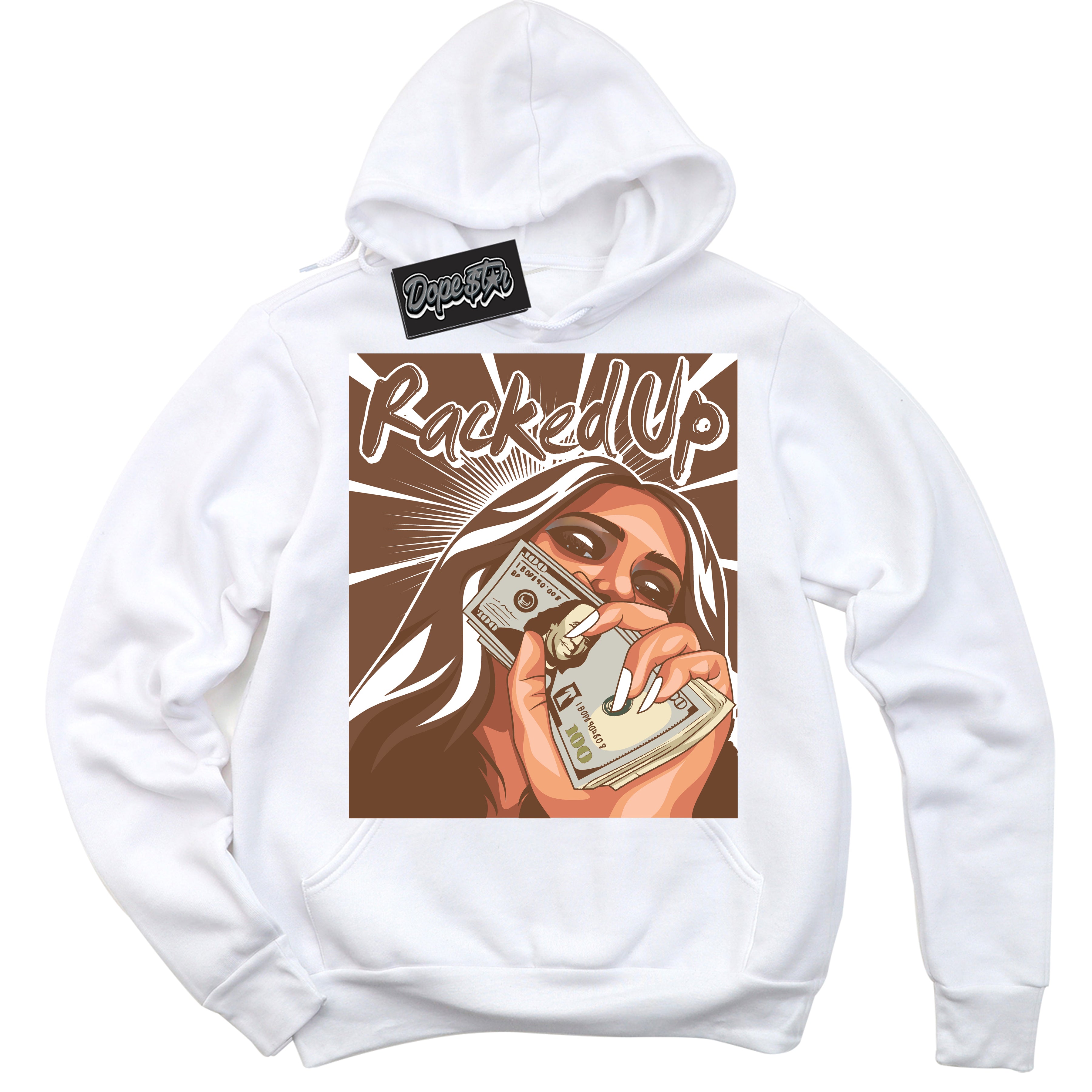 AJ1 Low Archaeo Brown White 'Racked Up' Hoodie- White Streetwear Mockup | Sneakerhead Hoodie Matching Archaeo Brown White AJ1 Lows | Limited Edition Jordan 1 Low Archaeo Brown White hoodie for Men & Women | Drip with Your Archaeo Brown White 1s Kicks | Sneakerhead Fashion Must-Have.