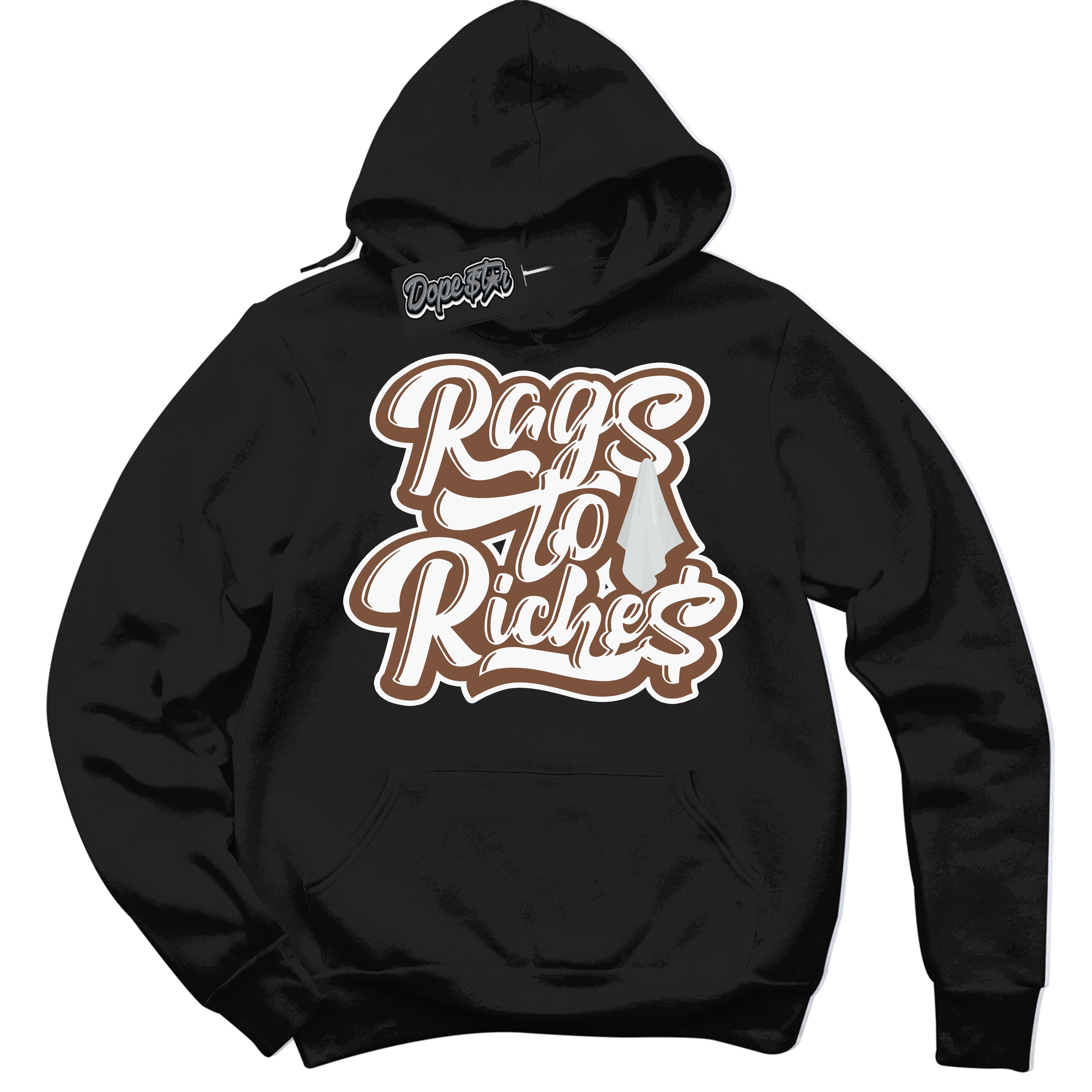 AJ1 Low Archaeo Brown White 'Rag To Riches' Hoodie- Black Streetwear Mockup | Sneakerhead Hoodie Matching Archaeo Brown White AJ1 Lows | Limited Edition Jordan 1 Low Archaeo Brown White hoodie for Men & Women | Drip with Your Archaeo Brown White 1s Kicks | Sneakerhead Fashion Must-Have.