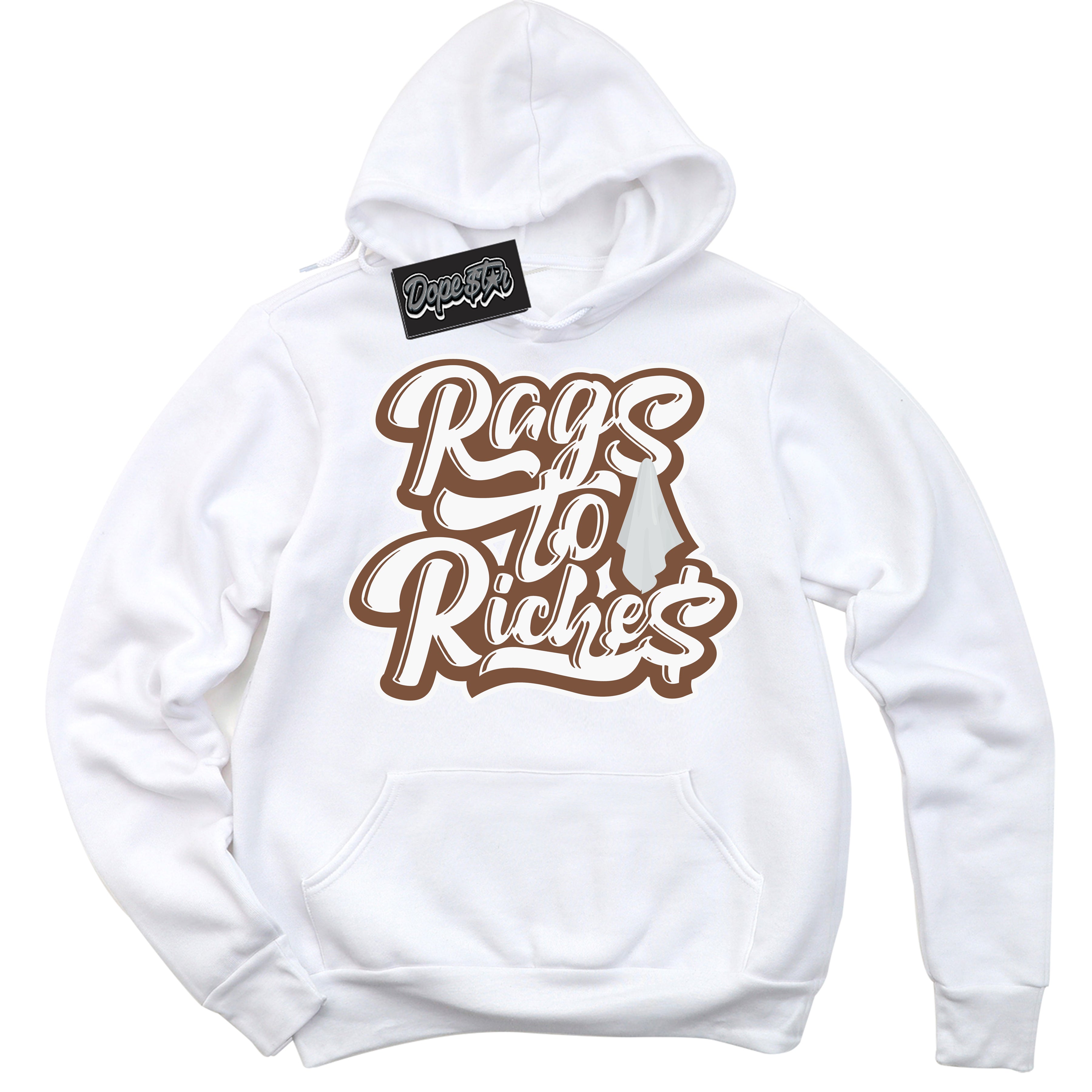 AJ1 Low Archaeo Brown White 'Rag To Riches' Hoodie- White Streetwear Mockup | Sneakerhead Hoodie Matching Archaeo Brown White AJ1 Lows | Limited Edition Jordan 1 Low Archaeo Brown White hoodie for Men & Women | Drip with Your Archaeo Brown White 1s Kicks | Sneakerhead Fashion Must-Have.