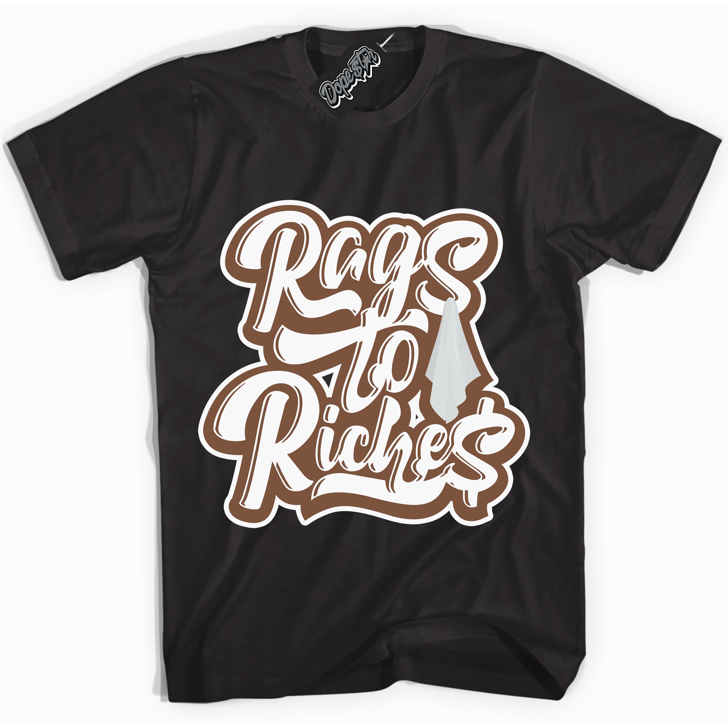 AJ1 Low Archaeo Brown White 'Rag To Riches' Shirt - Black Streetwear Mockup | Sneakerhead T-shirt Matching Archaeo Brown White AJ1 Lows| Limited Edition Jordan 1 Low Archaeo Brown White Shirt for Men & Women | Drip with Your Archaeo Brown White 1s Kicks | Sneakerhead Fashion Must-Have.