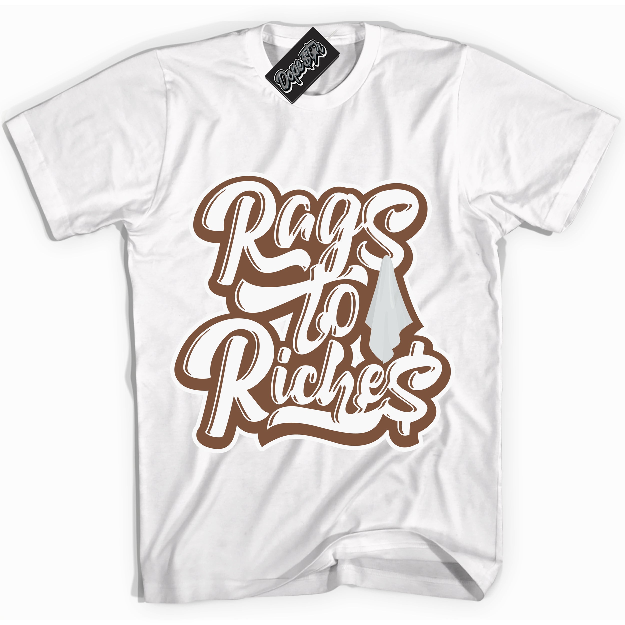 AJ1 Low Archaeo Brown White 'Rag To Riches' Shirt - White Streetwear Mockup | Sneakerhead T-shirt Matching Archaeo Brown White AJ1 Lows | Limited Edition Jordan 1 Low Archaeo Brown White Shirt for Men & Women | Drip with Your Archaeo Brown White 1s Kicks | Sneakerhead Fashion Must-Have.