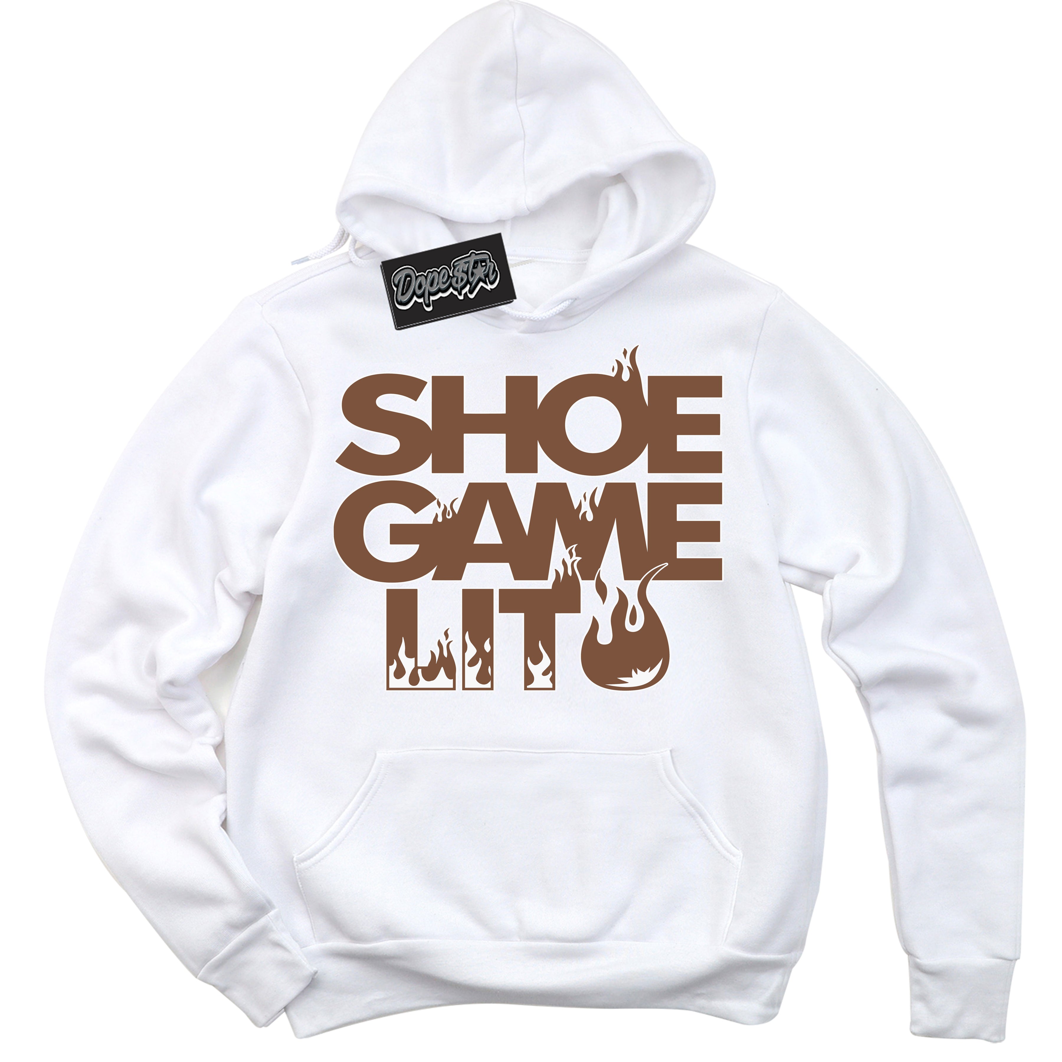 AJ1 Low Archaeo Brown White 'Shoe Game Lit' Hoodie- White Streetwear Mockup | Sneakerhead Hoodie Matching Archaeo Brown White AJ1 Lows | Limited Edition Jordan 1 Low Archaeo Brown White hoodie for Men & Women | Drip with Your Archaeo Brown White 1s Kicks | Sneakerhead Fashion Must-Have.