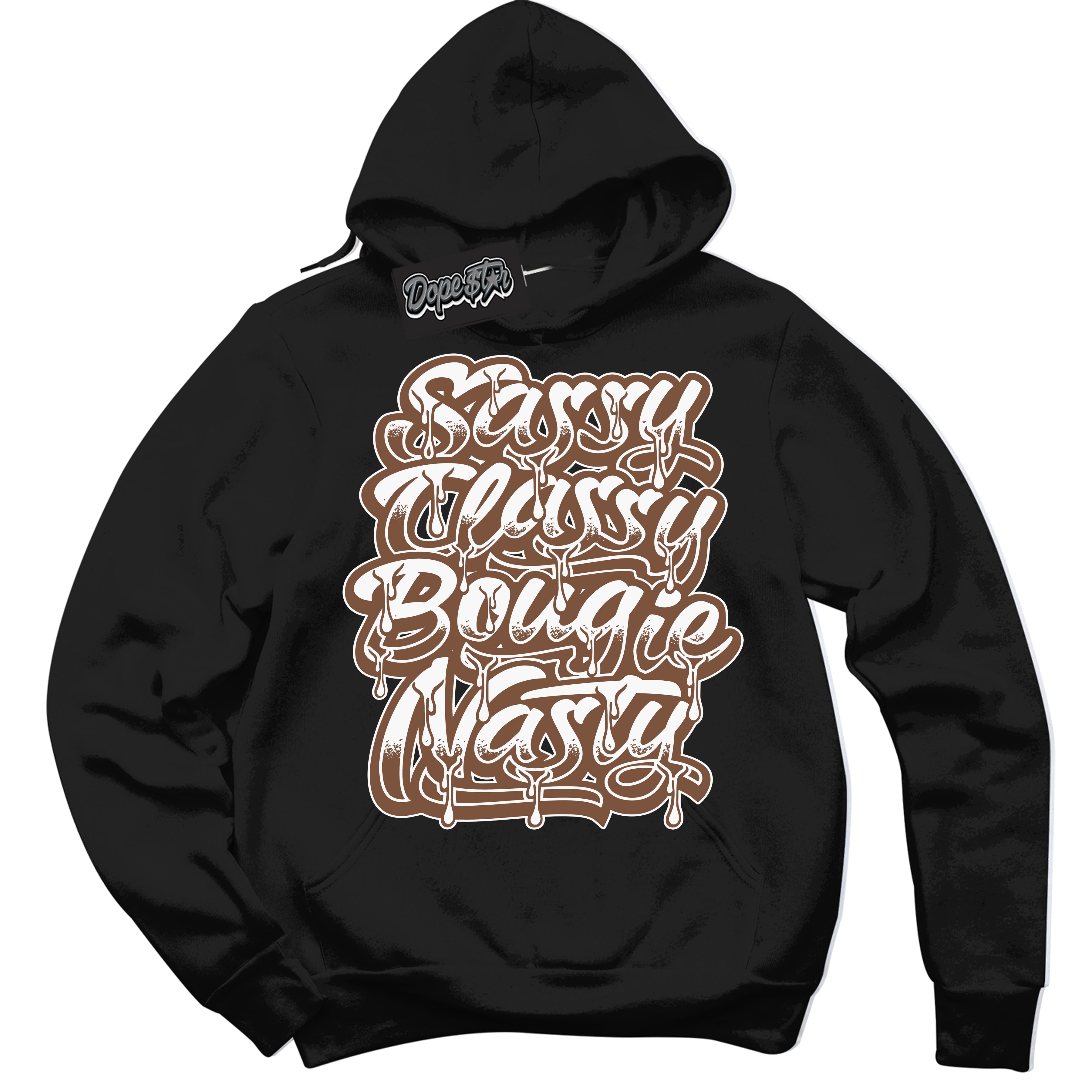 AJ1 Low Archaeo Brown White 'Sassy Classy' Hoodie- Black Streetwear Mockup | Sneakerhead Hoodie Matching Archaeo Brown White AJ1 Lows | Limited Edition Jordan 1 Low Archaeo Brown White hoodie for Men & Women | Drip with Your Archaeo Brown White 1s Kicks | Sneakerhead Fashion Must-Have.