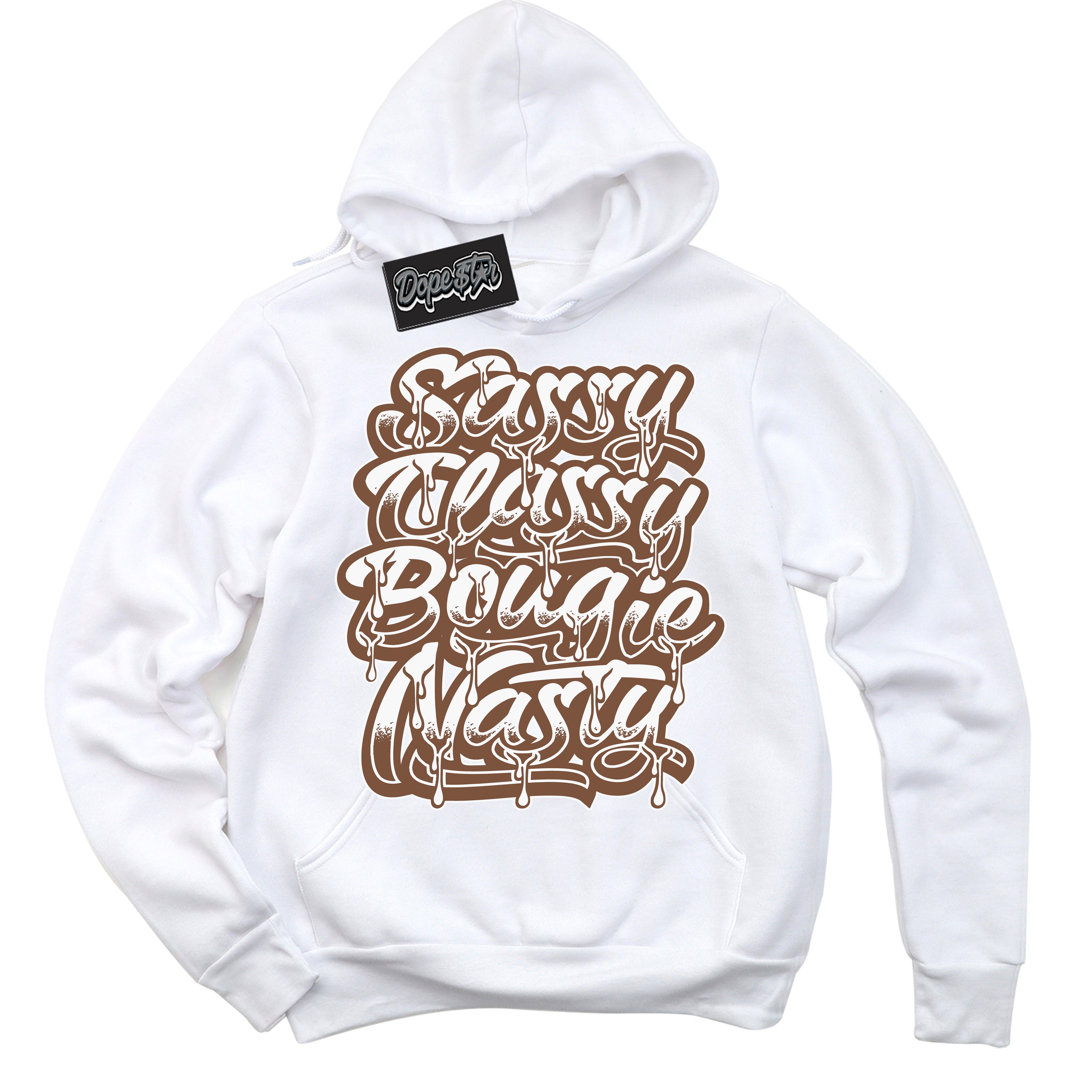 AJ1 Low Archaeo Brown White 'Sassy Classy' Hoodie- White Streetwear Mockup | Sneakerhead Hoodie Matching Archaeo Brown White AJ1 Lows | Limited Edition Jordan 1 Low Archaeo Brown White hoodie for Men & Women | Drip with Your Archaeo Brown White 1s Kicks | Sneakerhead Fashion Must-Have.