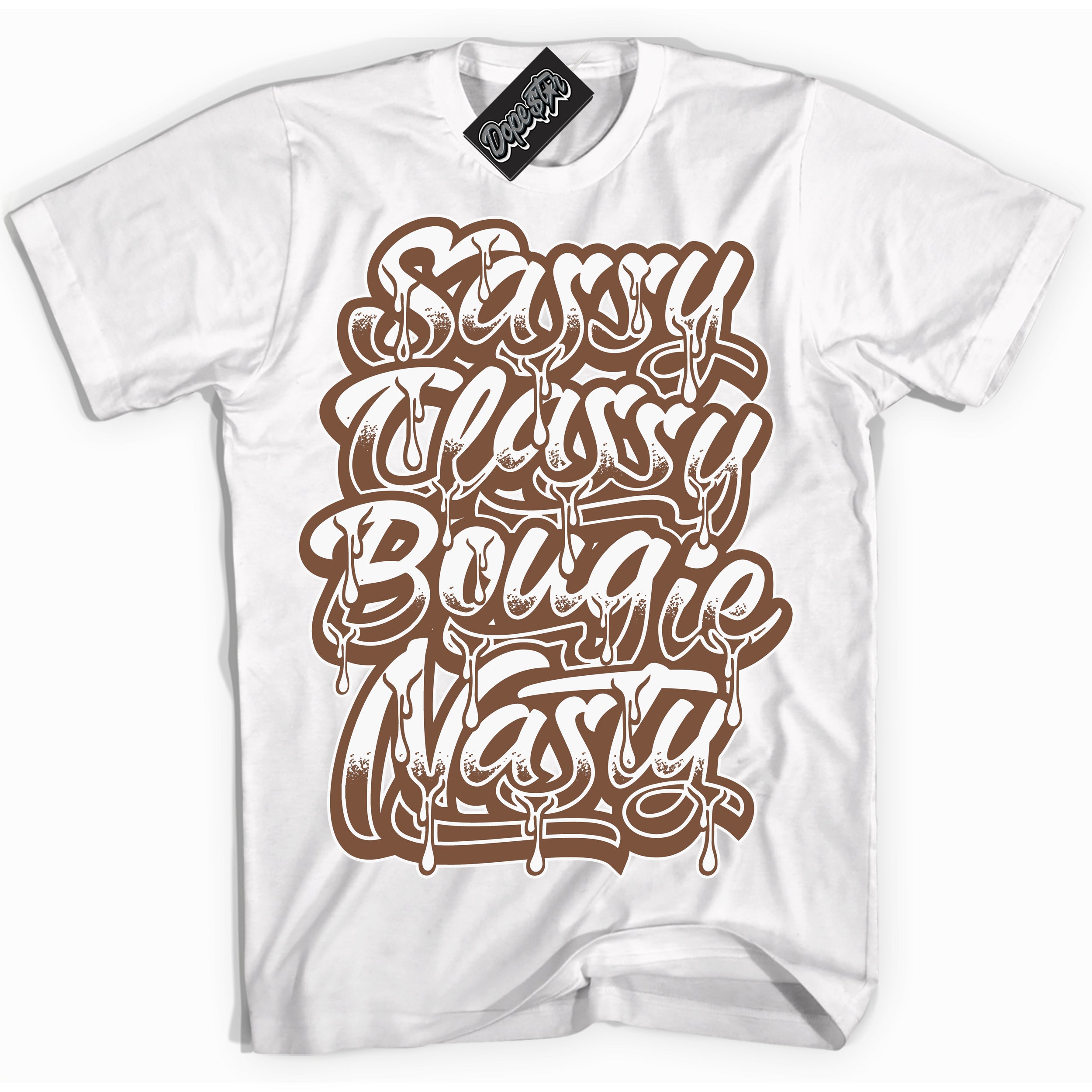 AJ1 Low Archaeo Brown White 'Sassy Classy' Shirt - White Streetwear Mockup | Sneakerhead T-shirt Matching Archaeo Brown White AJ1 Lows | Limited Edition Jordan 1 Low Archaeo Brown White Shirt for Men & Women | Drip with Your Archaeo Brown White 1s Kicks | Sneakerhead Fashion Must-Have.