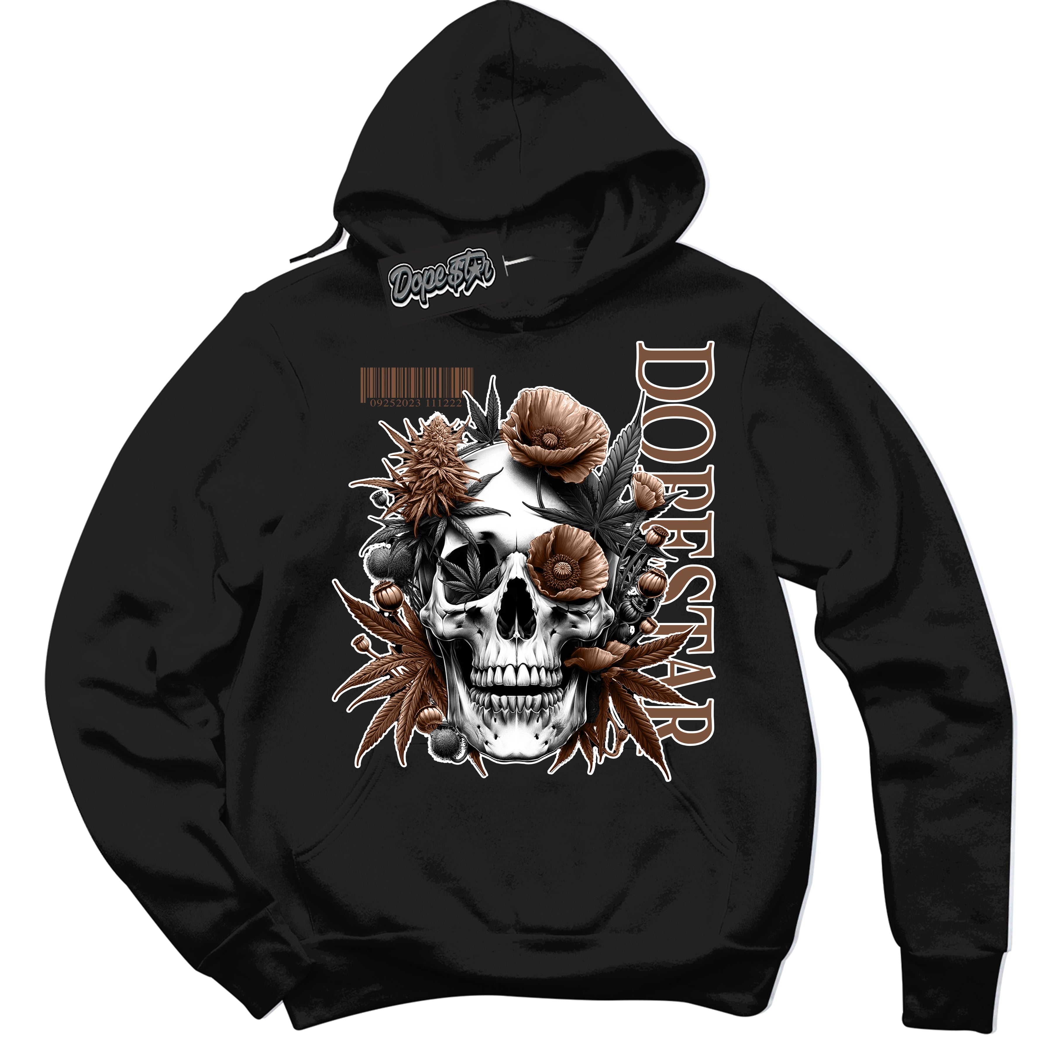 AJ1 Low Archaeo Brown White 'Skull Poppies' Hoodie- Black Streetwear Mockup | Sneakerhead Hoodie Matching Archaeo Brown White AJ1 Lows | Limited Edition Jordan 1 Low Archaeo Brown White hoodie for Men & Women | Drip with Your Archaeo Brown White 1s Kicks | Sneakerhead Fashion Must-Have.