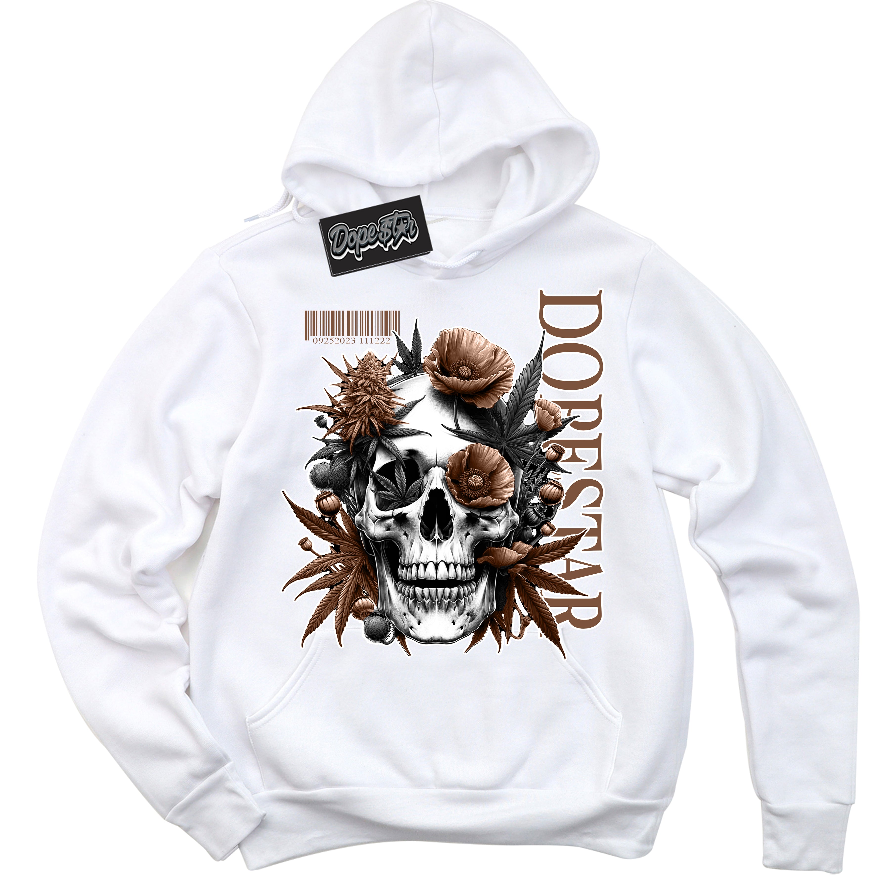 AJ1 Low Archaeo Brown White 'Skull Poppies' Hoodie- White Streetwear Mockup | Sneakerhead Hoodie Matching Archaeo Brown White AJ1 Lows | Limited Edition Jordan 1 Low Archaeo Brown White hoodie for Men & Women | Drip with Your Archaeo Brown White 1s Kicks | Sneakerhead Fashion Must-Have.