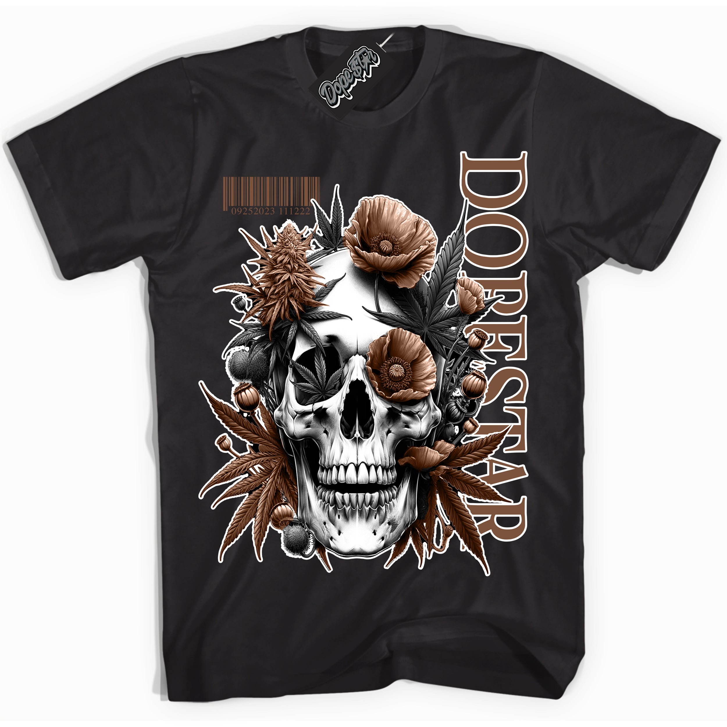 AJ1 Low Archaeo Brown White 'Skull Poppies' Shirt - Black Streetwear Mockup | Sneakerhead T-shirt Matching Archaeo Brown White AJ1 Lows| Limited Edition Jordan 1 Low Archaeo Brown White Shirt for Men & Women | Drip with Your Archaeo Brown White 1s Kicks | Sneakerhead Fashion Must-Have.