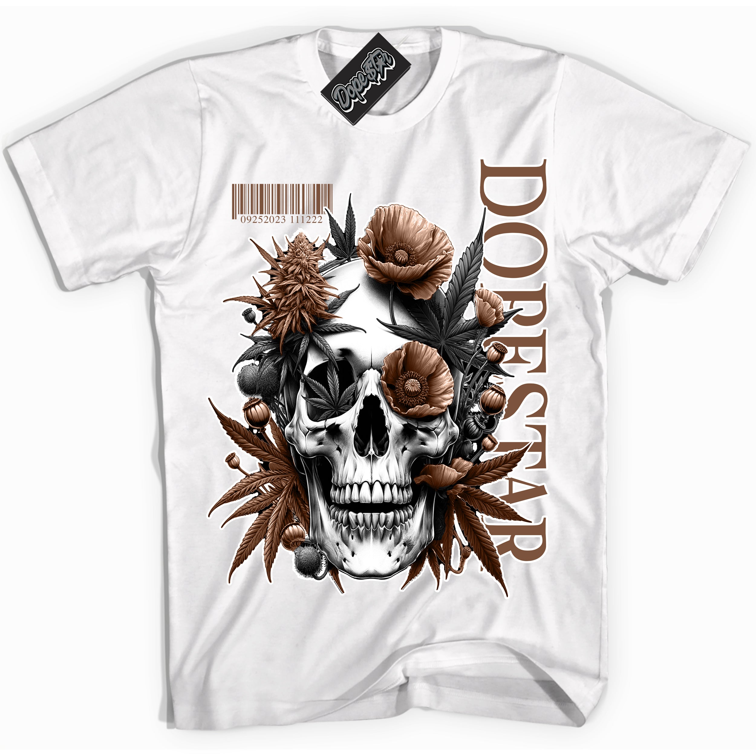 AJ1 Low Archaeo Brown White 'Skull Poppies' Shirt - White Streetwear Mockup | Sneakerhead T-shirt Matching Archaeo Brown White AJ1 Lows | Limited Edition Jordan 1 Low Archaeo Brown White Shirt for Men & Women | Drip with Your Archaeo Brown White 1s Kicks | Sneakerhead Fashion Must-Have.