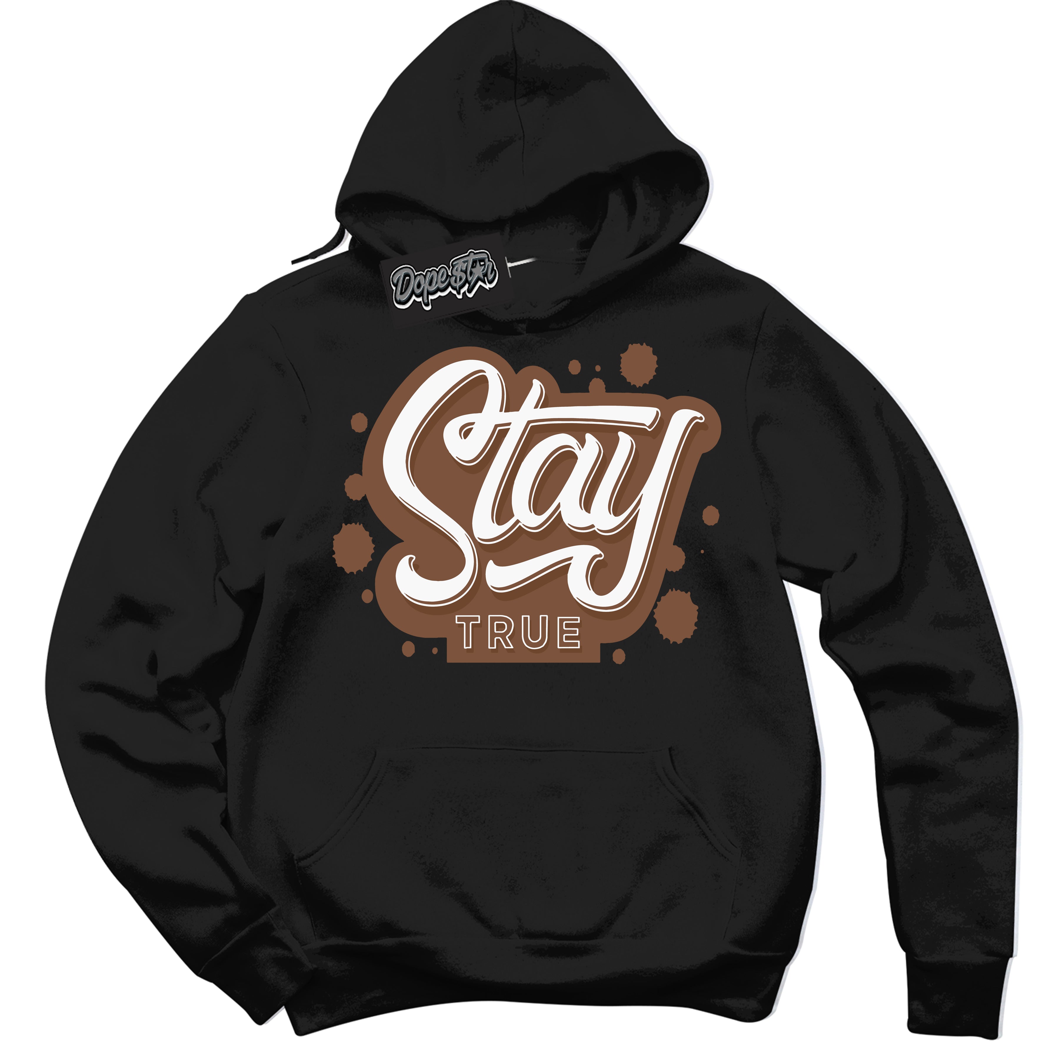 AJ1 Low Archaeo Brown White 'Stay True' Hoodie- Black Streetwear Mockup | Sneakerhead Hoodie Matching Archaeo Brown White AJ1 Lows | Limited Edition Jordan 1 Low Archaeo Brown White hoodie for Men & Women | Drip with Your Archaeo Brown White 1s Kicks | Sneakerhead Fashion Must-Have.