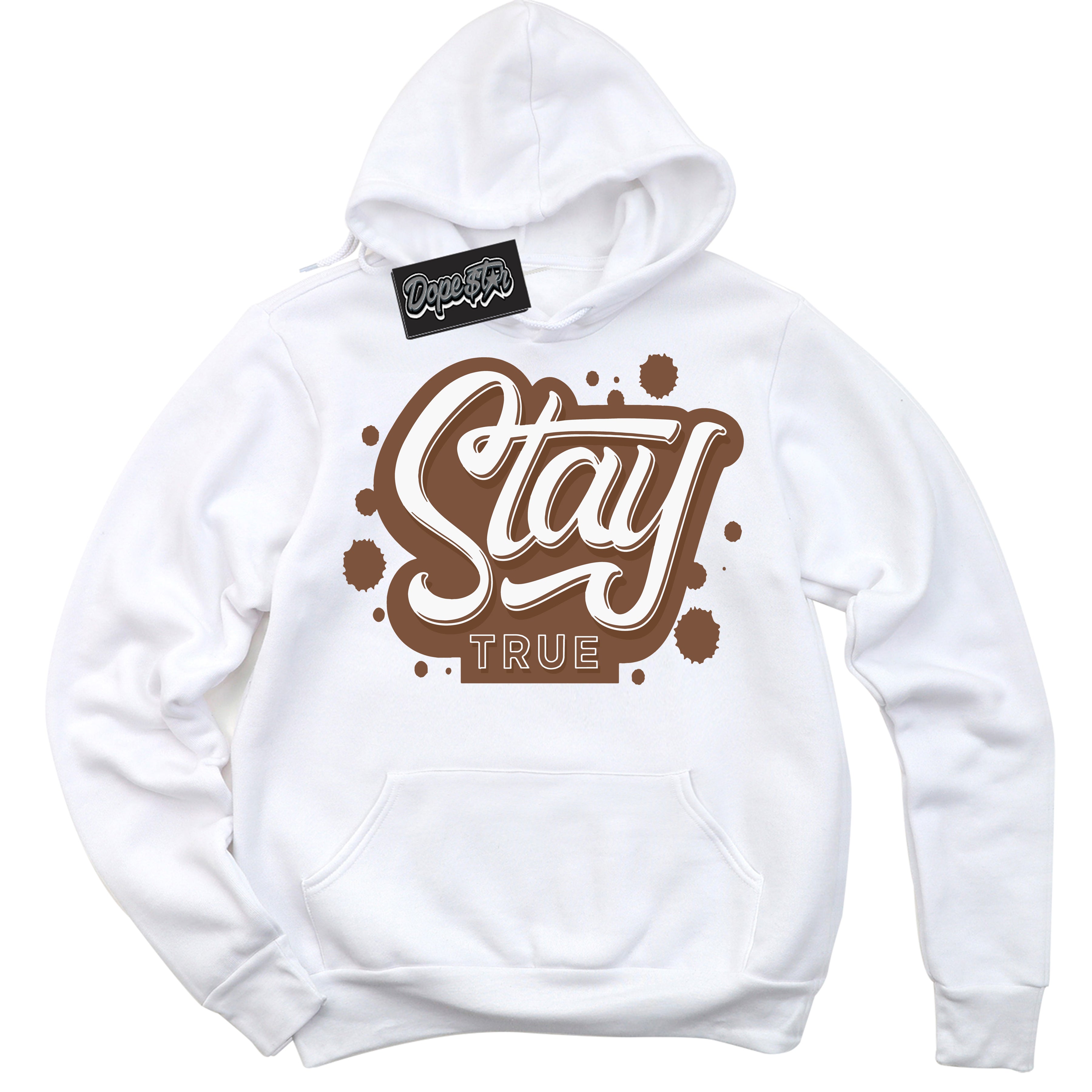 AJ1 Low Archaeo Brown White 'Stay True' Hoodie- White Streetwear Mockup | Sneakerhead Hoodie Matching Archaeo Brown White AJ1 Lows | Limited Edition Jordan 1 Low Archaeo Brown White hoodie for Men & Women | Drip with Your Archaeo Brown White 1s Kicks | Sneakerhead Fashion Must-Have.