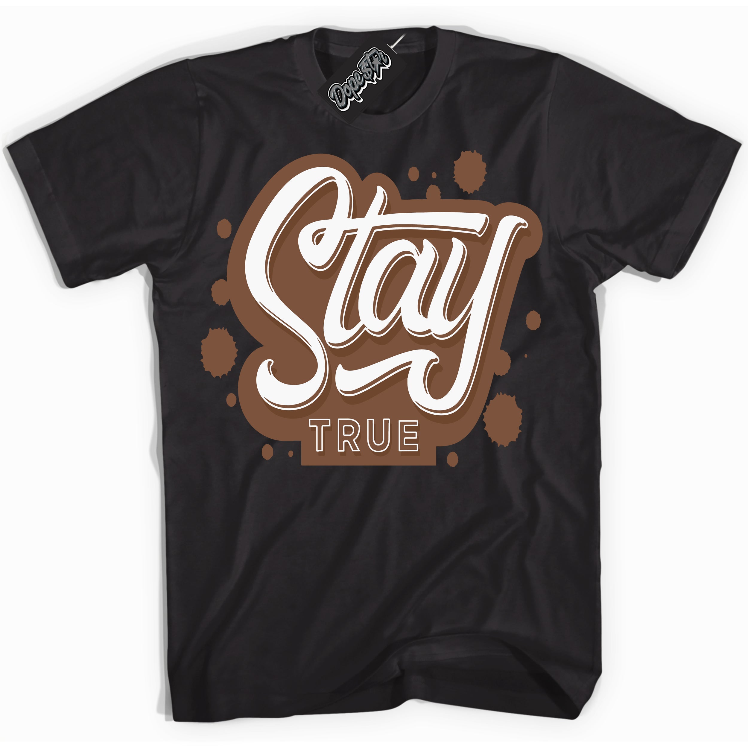 AJ1 Low Archaeo Brown White 'Stay True' Shirt - Black Streetwear Mockup | Sneakerhead T-shirt Matching Archaeo Brown White AJ1 Lows| Limited Edition Jordan 1 Low Archaeo Brown White Shirt for Men & Women | Drip with Your Archaeo Brown White 1s Kicks | Sneakerhead Fashion Must-Have.