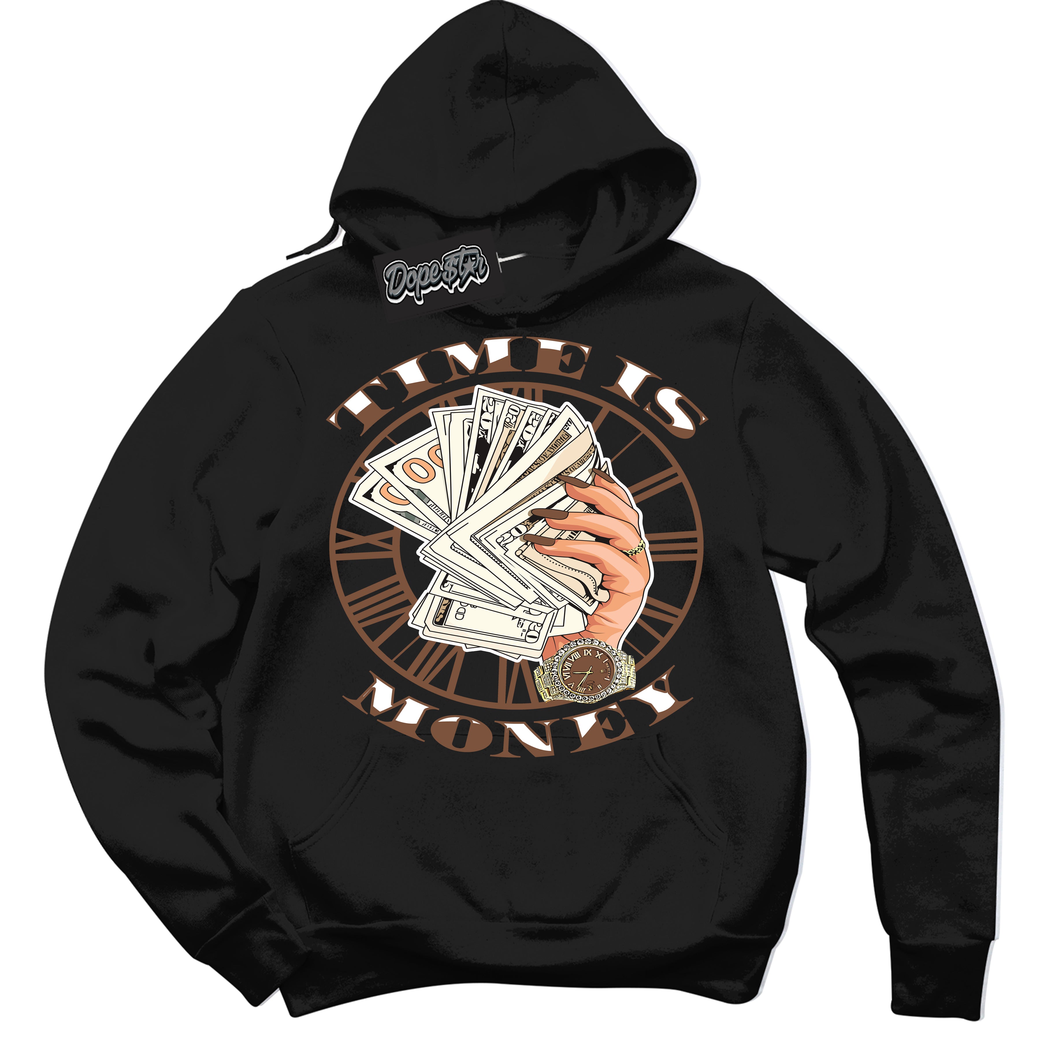 AJ1 Low Archaeo Brown White 'Time Is Money' Hoodie- Black Streetwear Mockup | Sneakerhead Hoodie Matching Archaeo Brown White AJ1 Lows | Limited Edition Jordan 1 Low Archaeo Brown White hoodie for Men & Women | Drip with Your Archaeo Brown White 1s Kicks | Sneakerhead Fashion Must-Have.