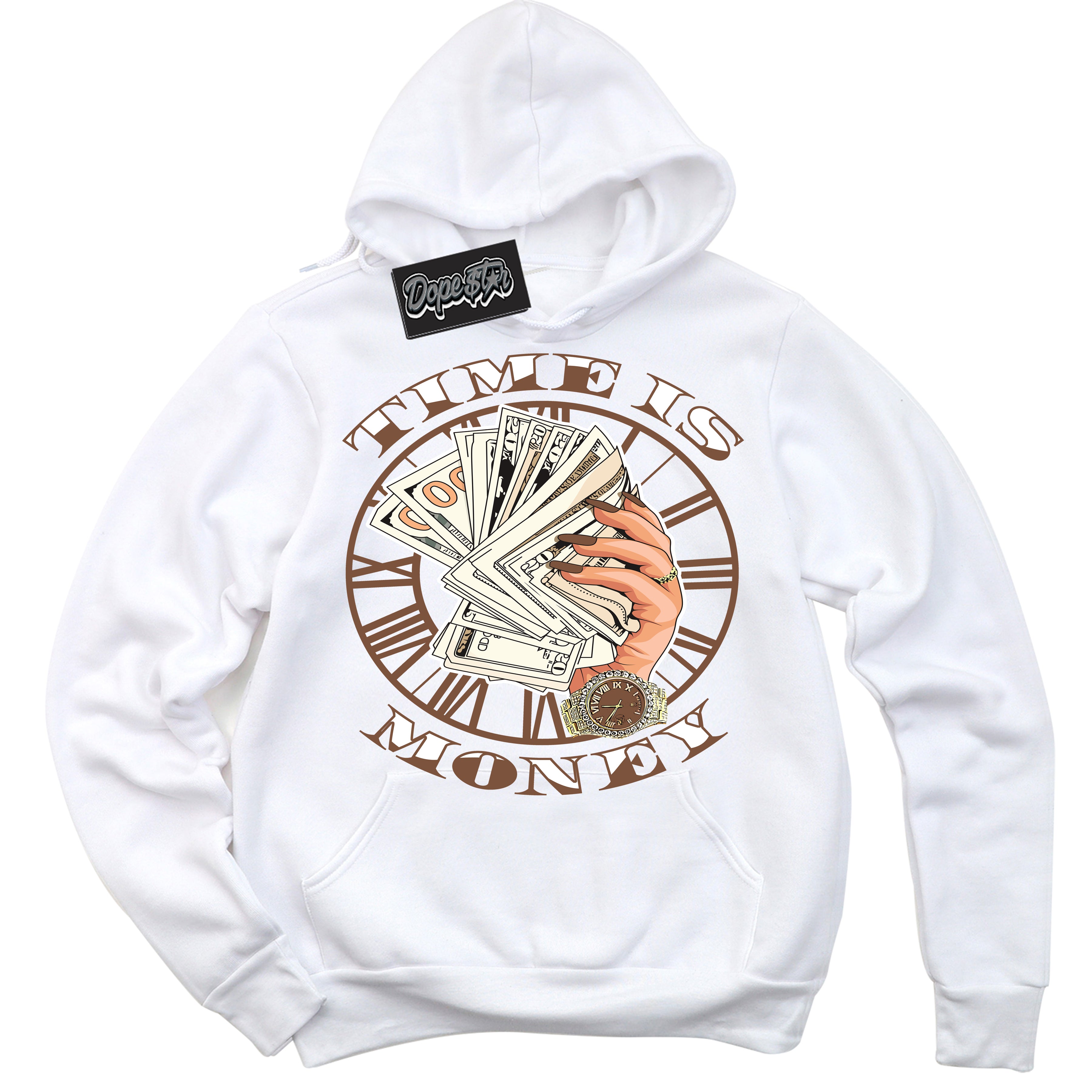 AJ1 Low Archaeo Brown White 'Time Is Money' Hoodie- White Streetwear Mockup | Sneakerhead Hoodie Matching Archaeo Brown White AJ1 Lows | Limited Edition Jordan 1 Low Archaeo Brown White hoodie for Men & Women | Drip with Your Archaeo Brown White 1s Kicks | Sneakerhead Fashion Must-Have.