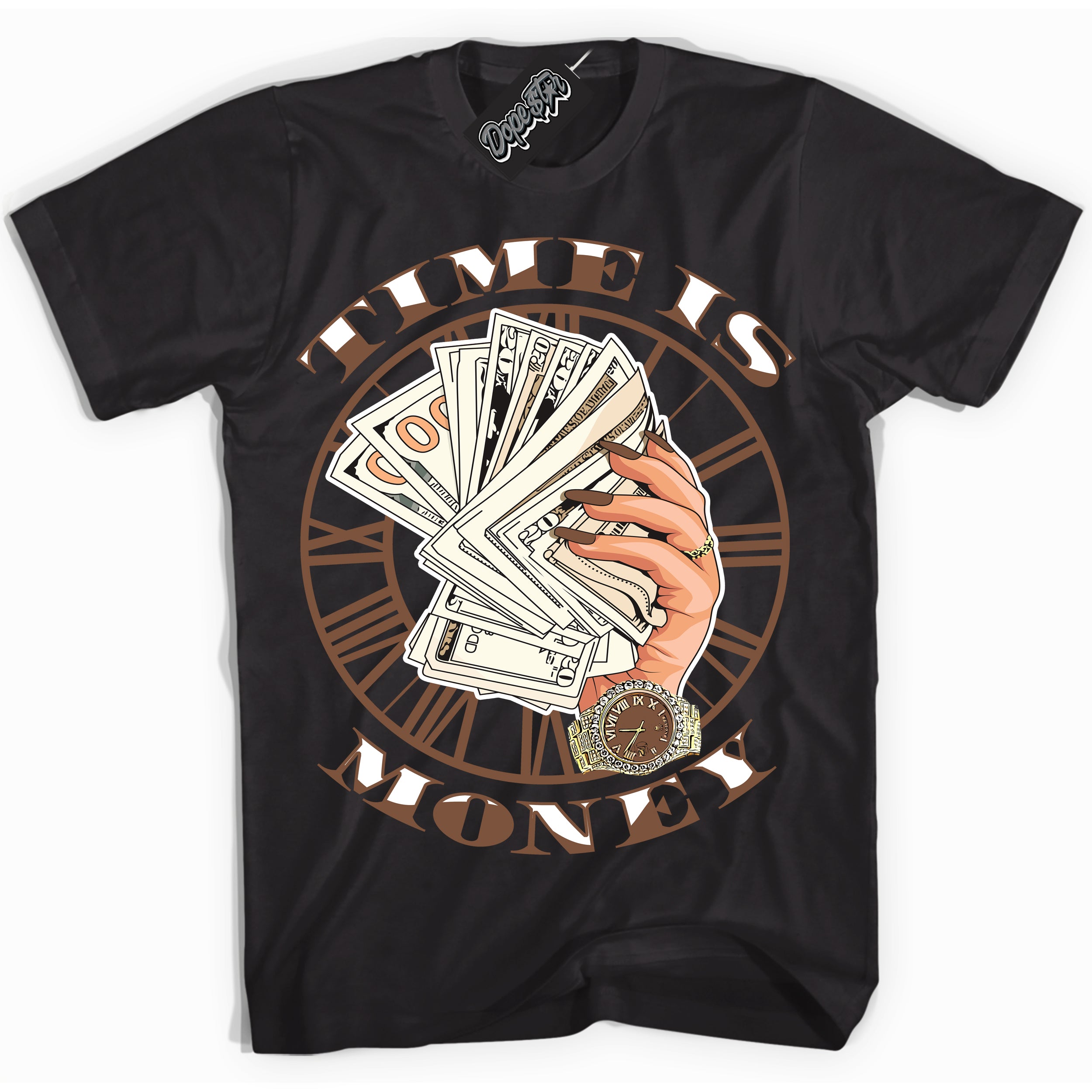 AJ1 Low Archaeo Brown White 'Time Is Money' Shirt - Black Streetwear Mockup | Sneakerhead T-shirt Matching Archaeo Brown White AJ1 Lows| Limited Edition Jordan 1 Low Archaeo Brown White Shirt for Men & Women | Drip with Your Archaeo Brown White 1s Kicks | Sneakerhead Fashion Must-Have.