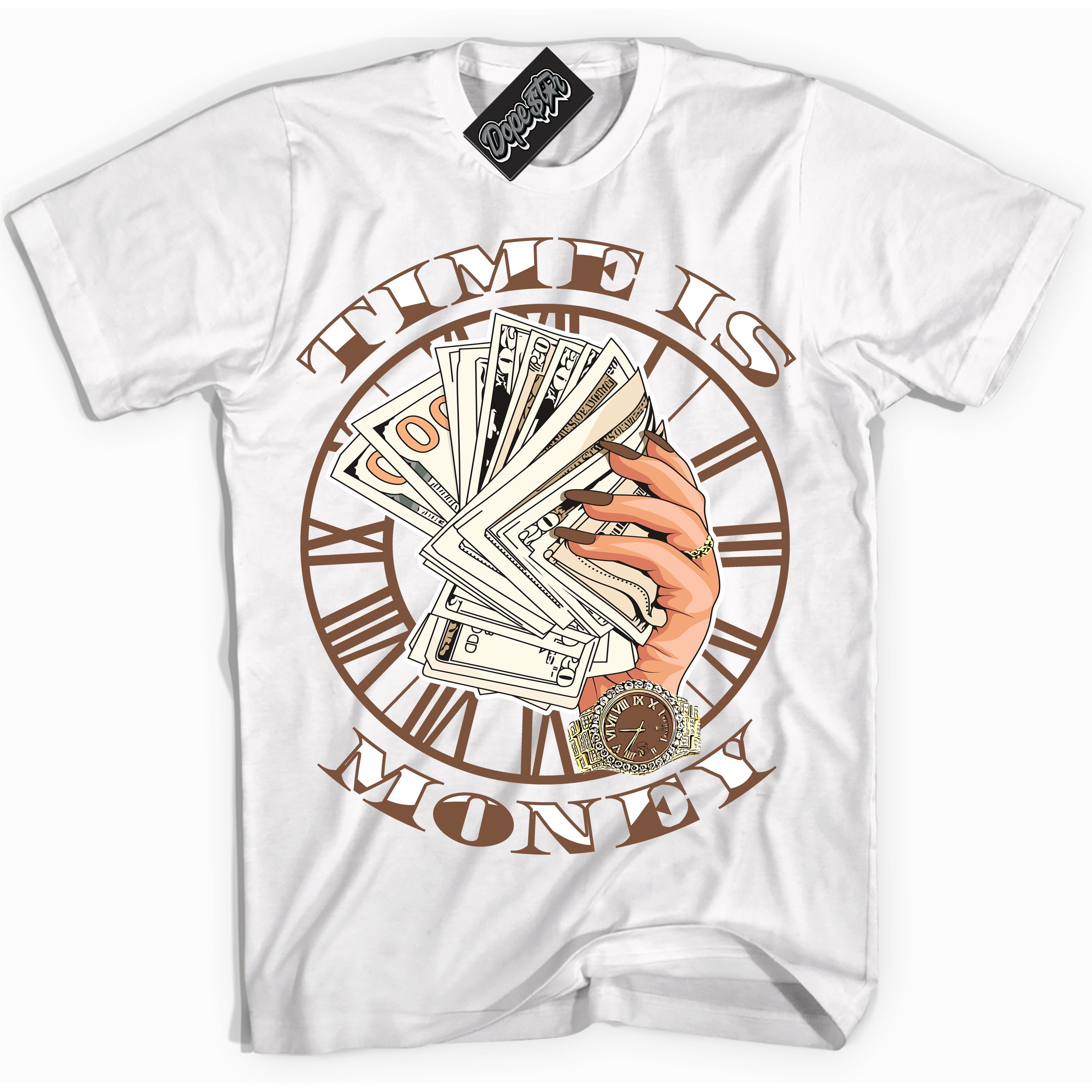 AJ1 Low Archaeo Brown White 'Time Is Money' Shirt - White Streetwear Mockup | Sneakerhead T-shirt Matching Archaeo Brown White AJ1 Lows | Limited Edition Jordan 1 Low Archaeo Brown White Shirt for Men & Women | Drip with Your Archaeo Brown White 1s Kicks | Sneakerhead Fashion Must-Have.