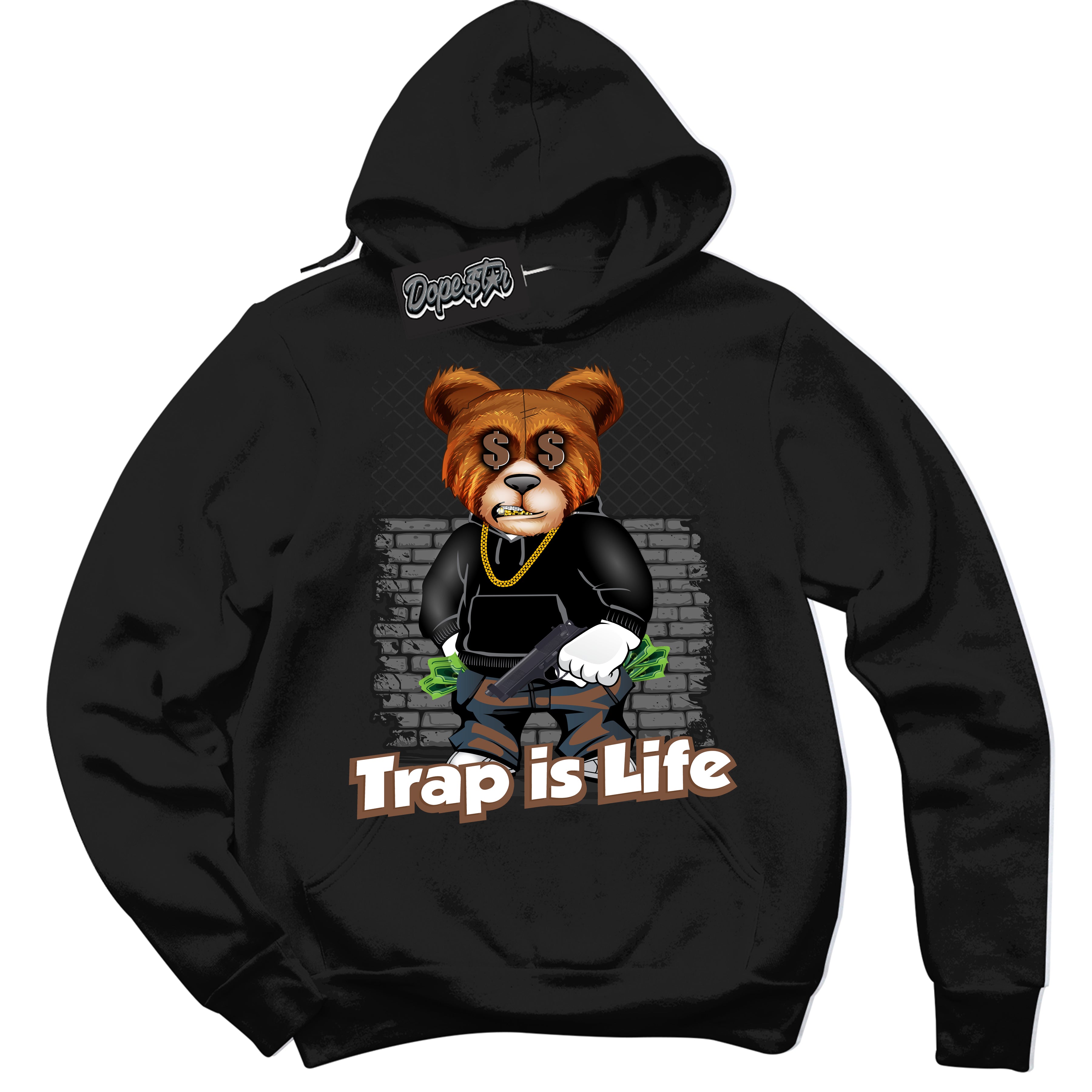 AJ1 Low Archaeo Brown White 'Trap Is Life' Hoodie- Black Streetwear Mockup | Sneakerhead Hoodie Matching Archaeo Brown White AJ1 Lows | Limited Edition Jordan 1 Low Archaeo Brown White hoodie for Men & Women | Drip with Your Archaeo Brown White 1s Kicks | Sneakerhead Fashion Must-Have.