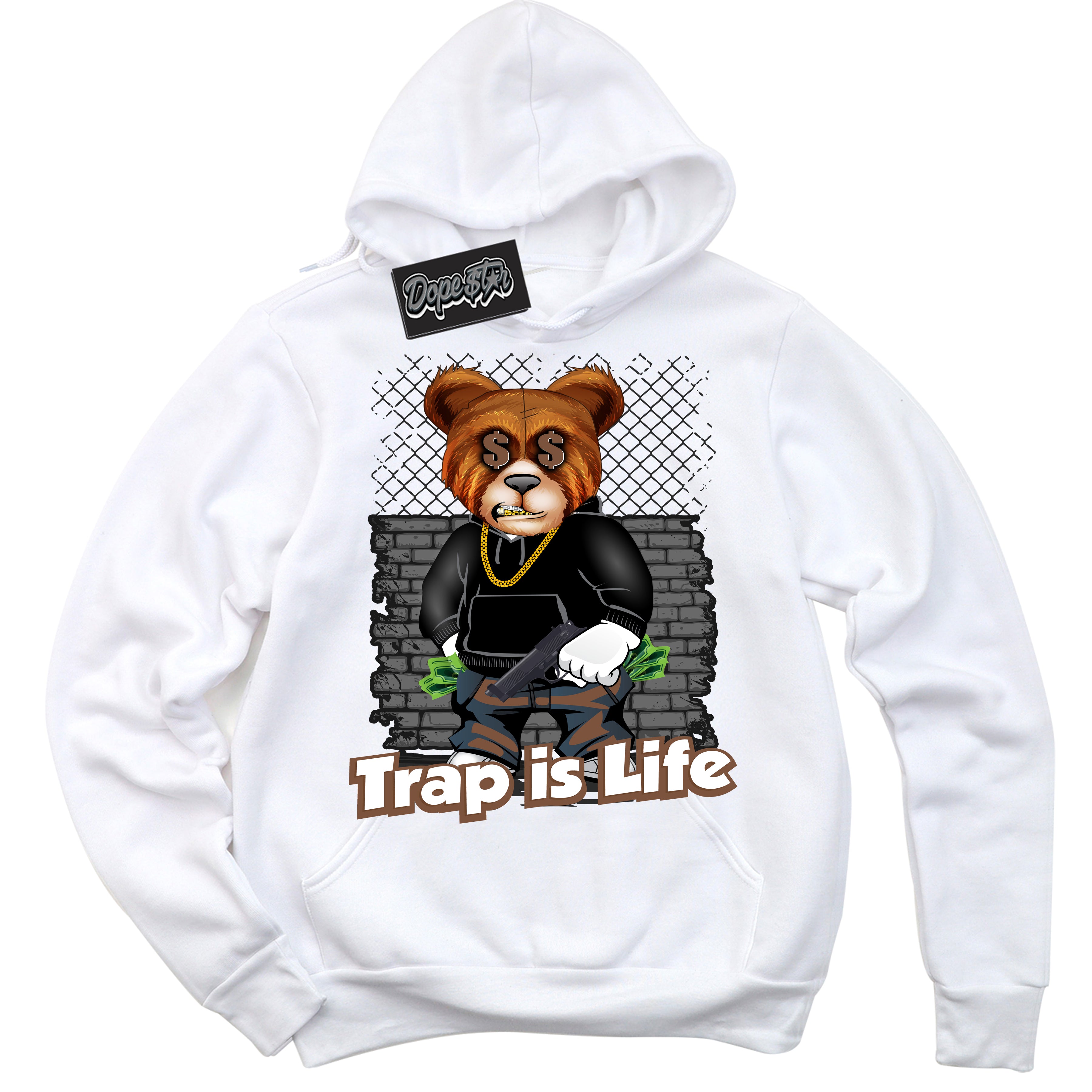 AJ1 Low Archaeo Brown White 'Trap Is Life' Hoodie- White Streetwear Mockup | Sneakerhead Hoodie Matching Archaeo Brown White AJ1 Lows | Limited Edition Jordan 1 Low Archaeo Brown White hoodie for Men & Women | Drip with Your Archaeo Brown White 1s Kicks | Sneakerhead Fashion Must-Have.