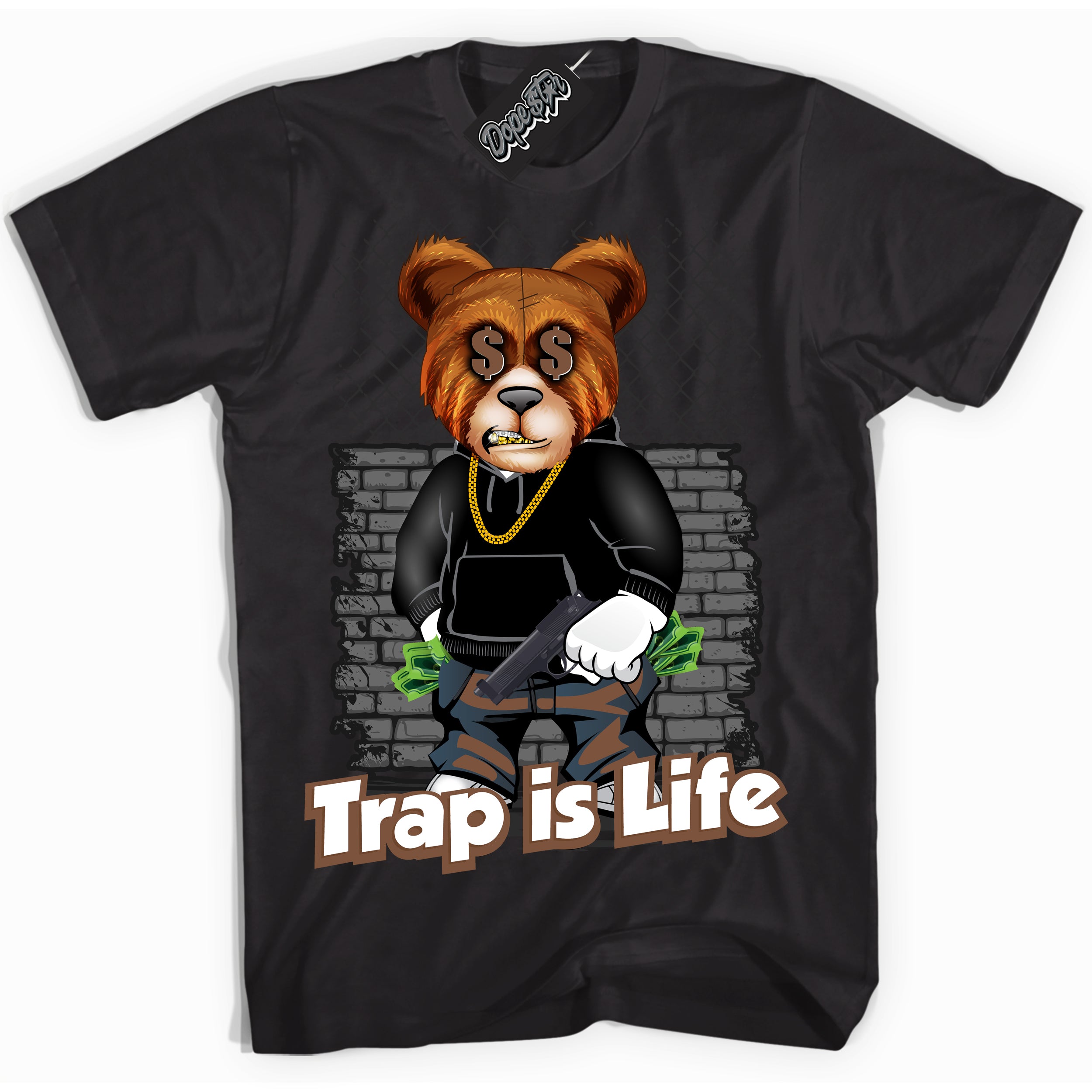 AJ1 Low Archaeo Brown White 'Trap Is Life' Shirt - Black Streetwear Mockup | Sneakerhead T-shirt Matching Archaeo Brown White AJ1 Lows| Limited Edition Jordan 1 Low Archaeo Brown White Shirt for Men & Women | Drip with Your Archaeo Brown White 1s Kicks | Sneakerhead Fashion Must-Have.