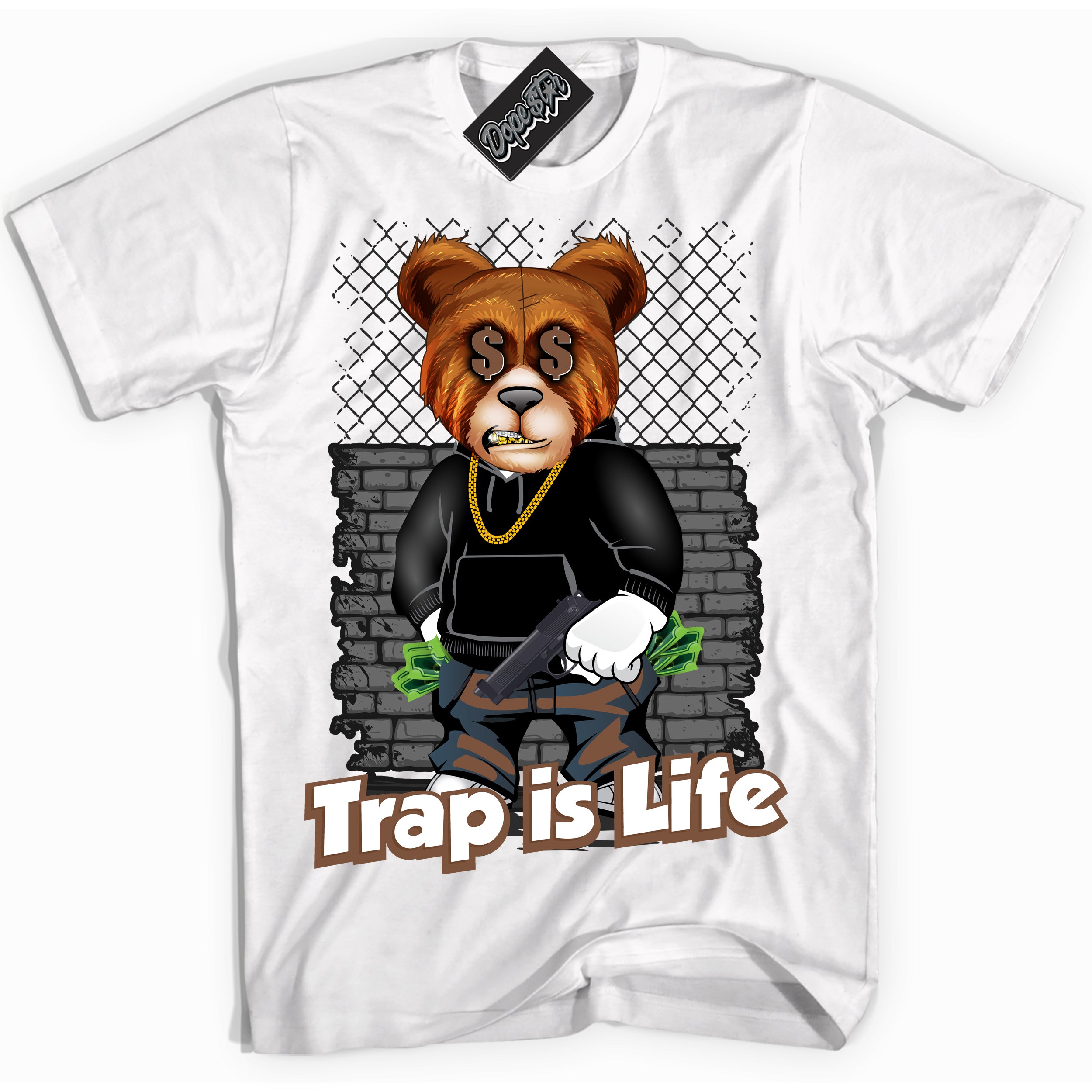 AJ1 Low Archaeo Brown White 'Trap Is Life' Shirt - White Streetwear Mockup | Sneakerhead T-shirt Matching Archaeo Brown White AJ1 Lows | Limited Edition Jordan 1 Low Archaeo Brown White Shirt for Men & Women | Drip with Your Archaeo Brown White 1s Kicks | Sneakerhead Fashion Must-Have.