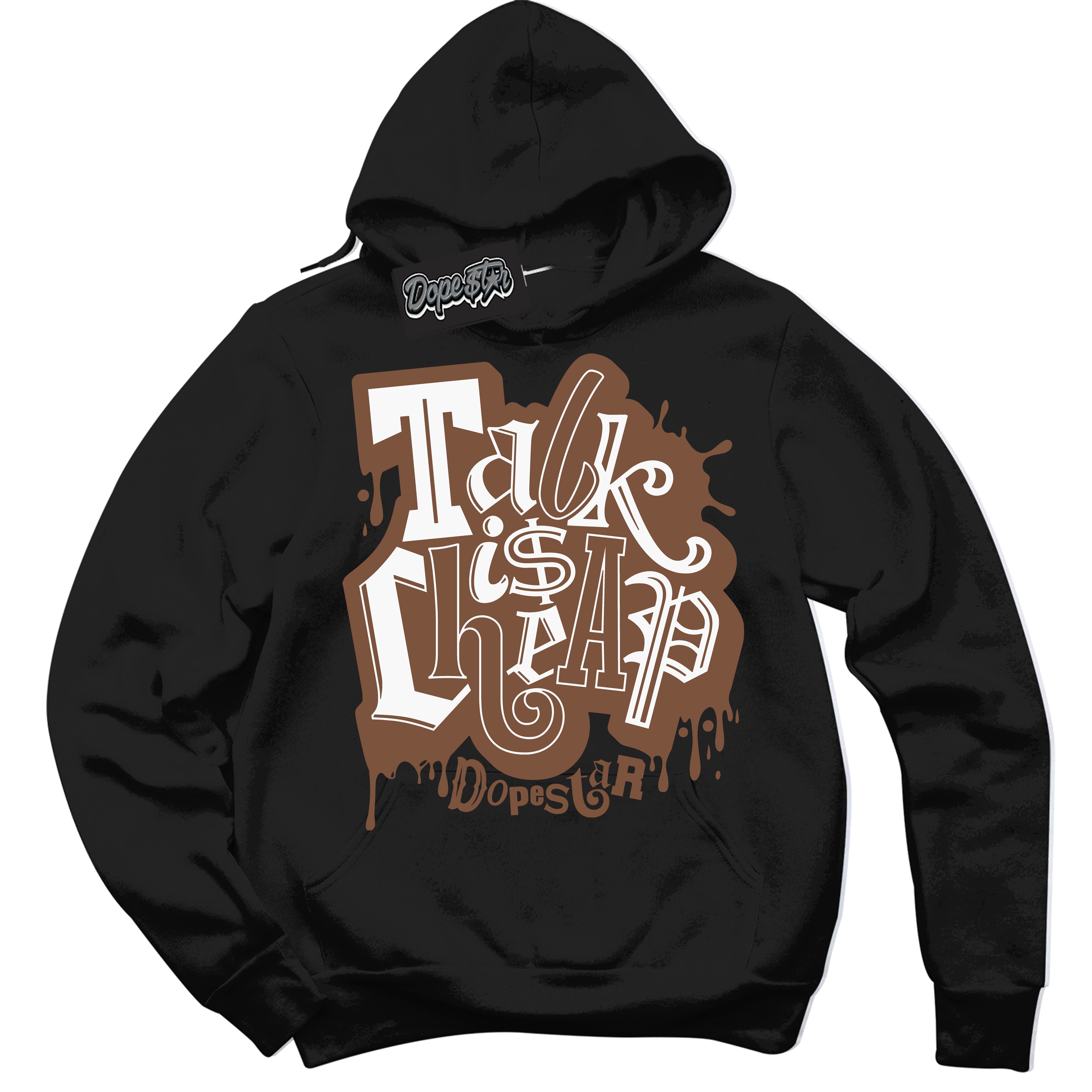 AJ1 Low Archaeo Brown White 'Talk Is Cheap' Hoodie- Black Streetwear Mockup | Sneakerhead Hoodie Matching Archaeo Brown White AJ1 Lows | Limited Edition Jordan 1 Low Archaeo Brown White hoodie for Men & Women | Drip with Your Archaeo Brown White 1s Kicks | Sneakerhead Fashion Must-Have.