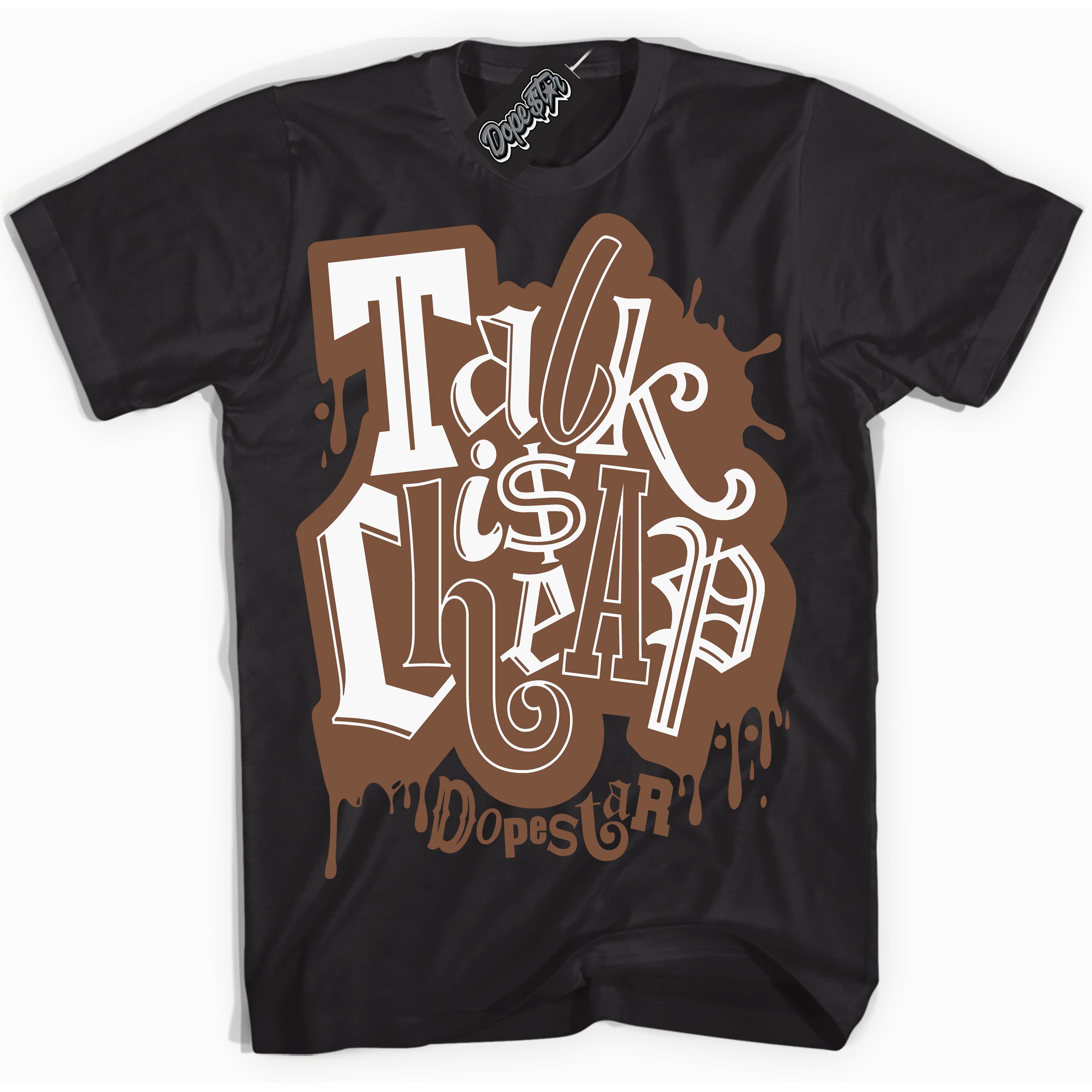 AJ1 Low Archaeo Brown White 'Talk Is Cheap' Shirt - Black Streetwear Mockup | Sneakerhead T-shirt Matching Archaeo Brown White AJ1 Lows| Limited Edition Jordan 1 Low Archaeo Brown White Shirt for Men & Women | Drip with Your Archaeo Brown White 1s Kicks | Sneakerhead Fashion Must-Have.