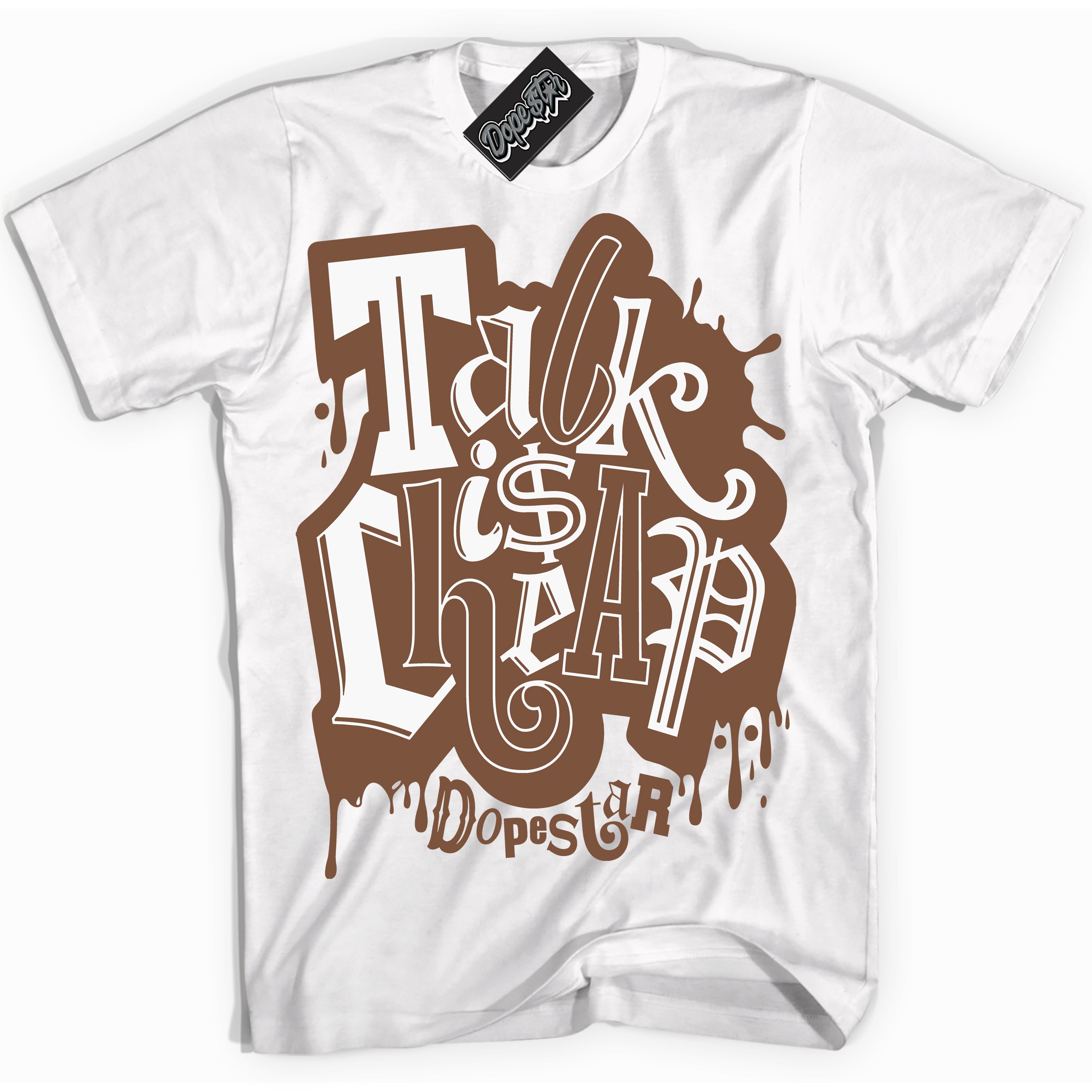 AJ1 Low Archaeo Brown White 'Talk Is Cheap' Shirt - White Streetwear Mockup | Sneakerhead T-shirt Matching Archaeo Brown White AJ1 Lows | Limited Edition Jordan 1 Low Archaeo Brown White Shirt for Men & Women | Drip with Your Archaeo Brown White 1s Kicks | Sneakerhead Fashion Must-Have.