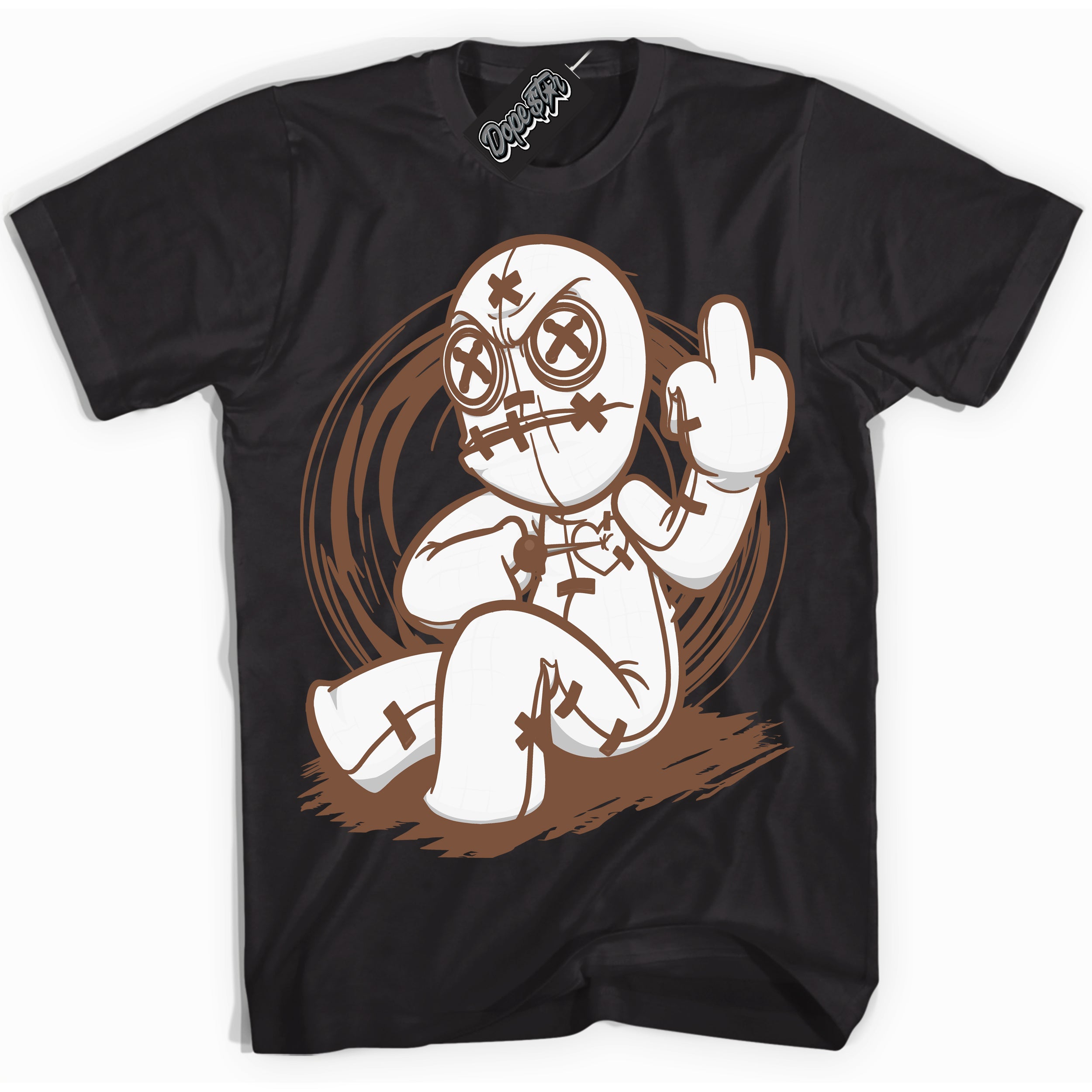 AJ1 Low Archaeo Brown White 'Voodoo Doll' Shirt - Black Streetwear Mockup | Sneakerhead T-shirt Matching Archaeo Brown White AJ1 Lows| Limited Edition Jordan 1 Low Archaeo Brown White Shirt for Men & Women | Drip with Your Archaeo Brown White 1s Kicks | Sneakerhead Fashion Must-Have.